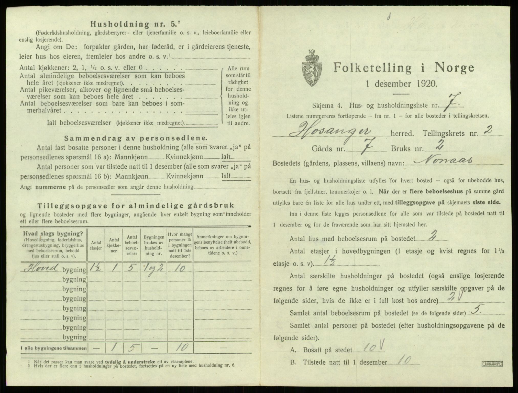 SAB, 1920 census for Hosanger, 1920, p. 110