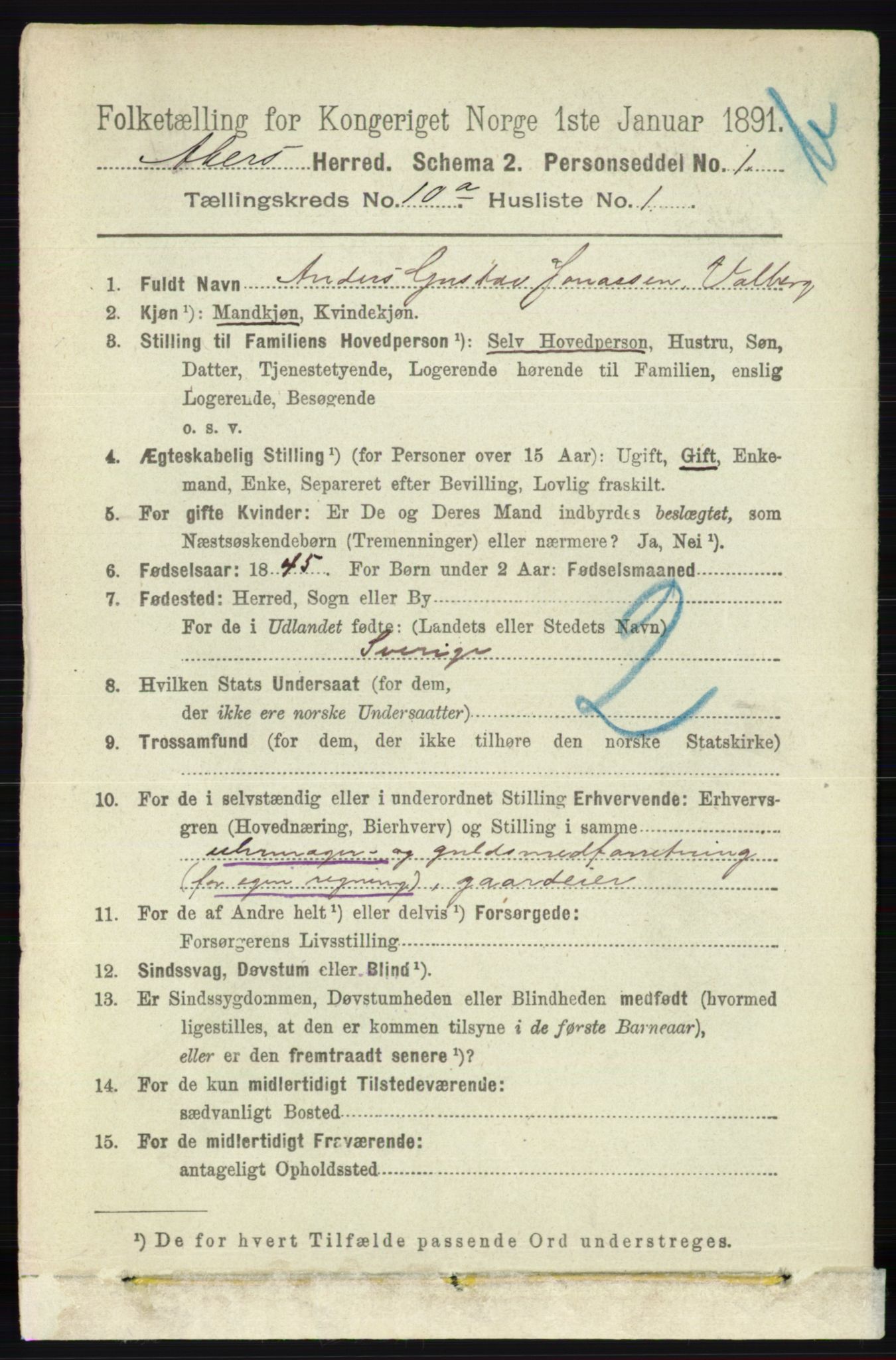 RA, 1891 census for 0218 Aker, 1891, p. 8845