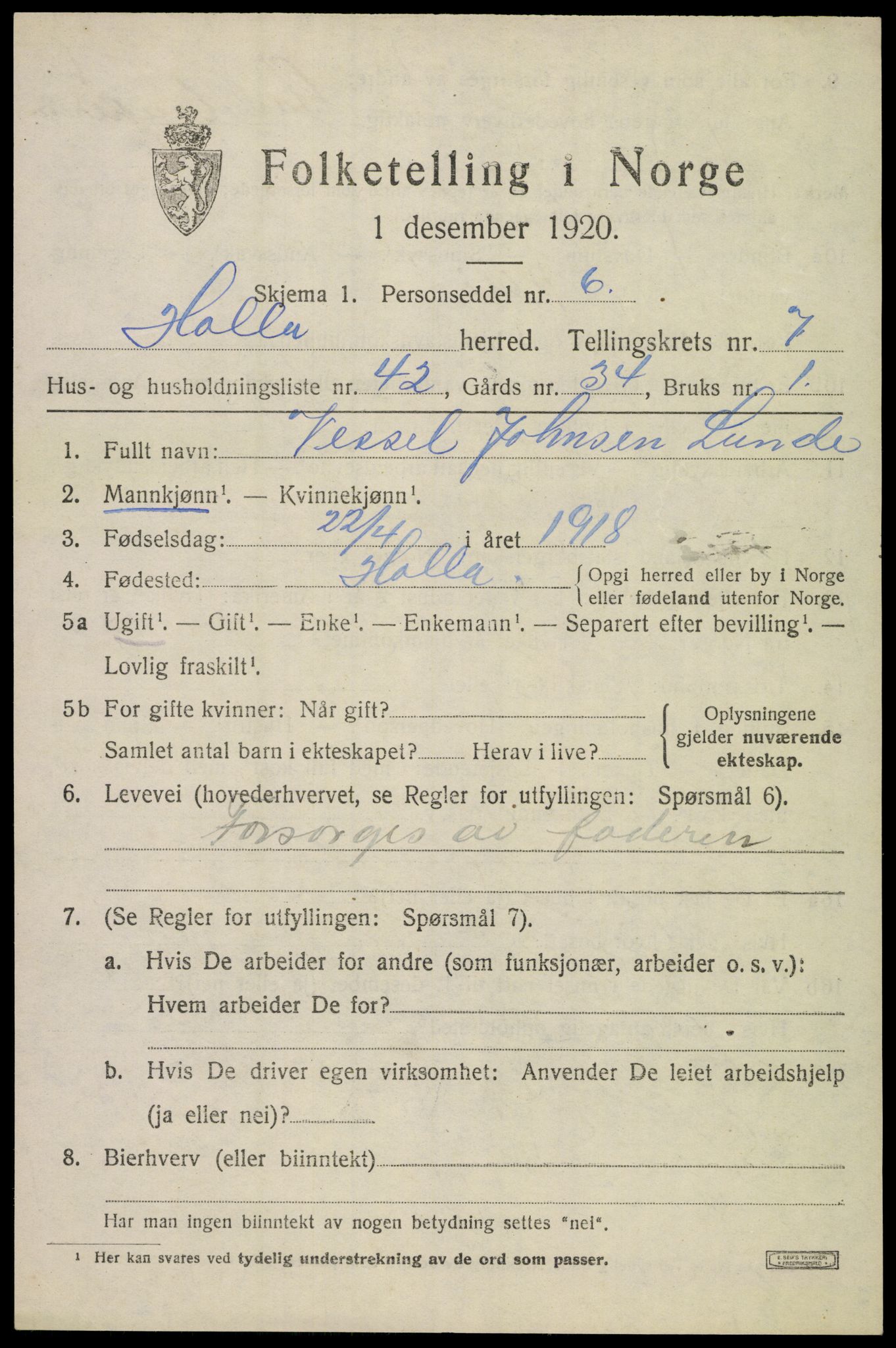 SAKO, 1920 census for Holla, 1920, p. 5301