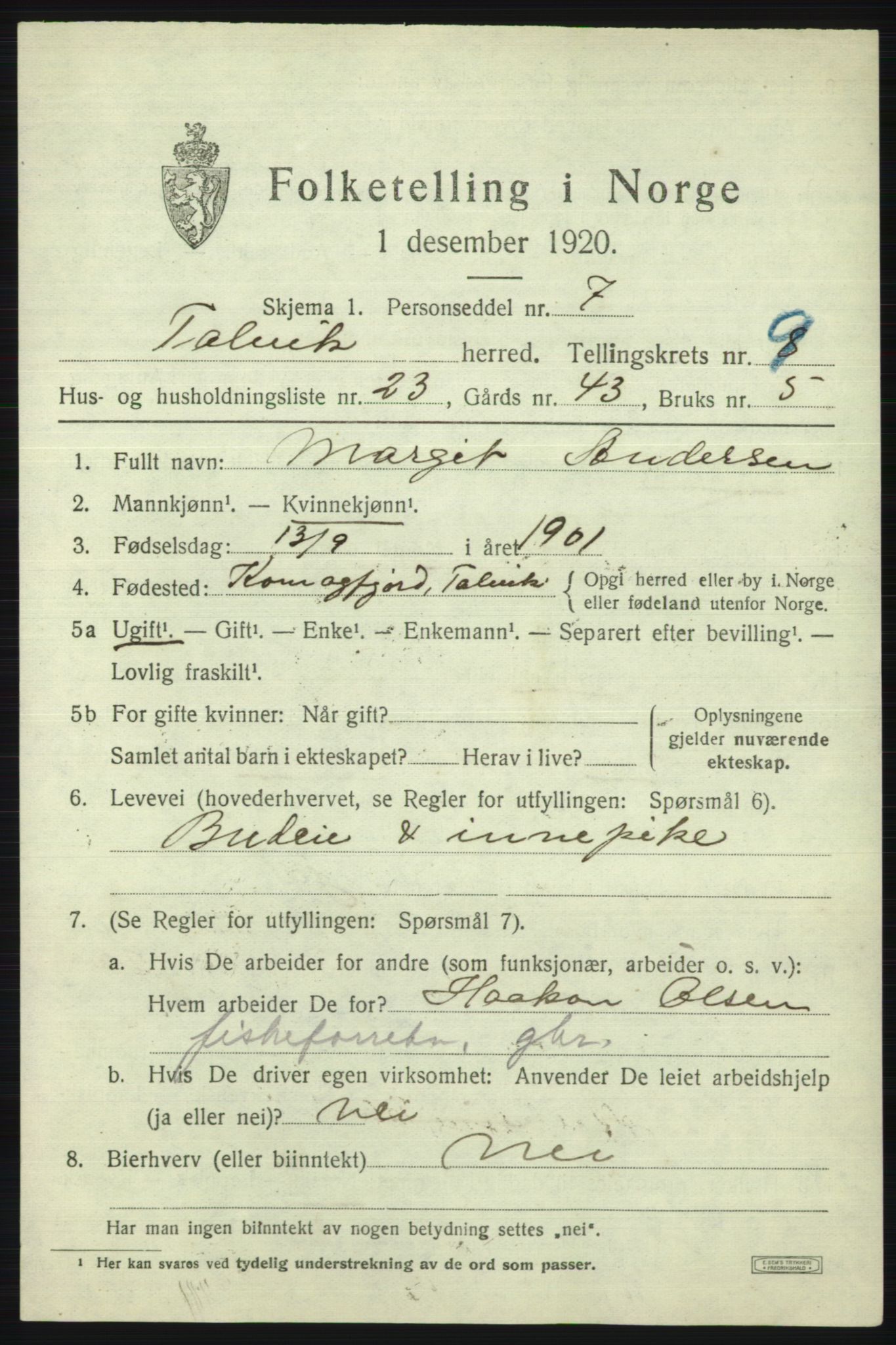 SATØ, 1920 census for Talvik, 1920, p. 5790