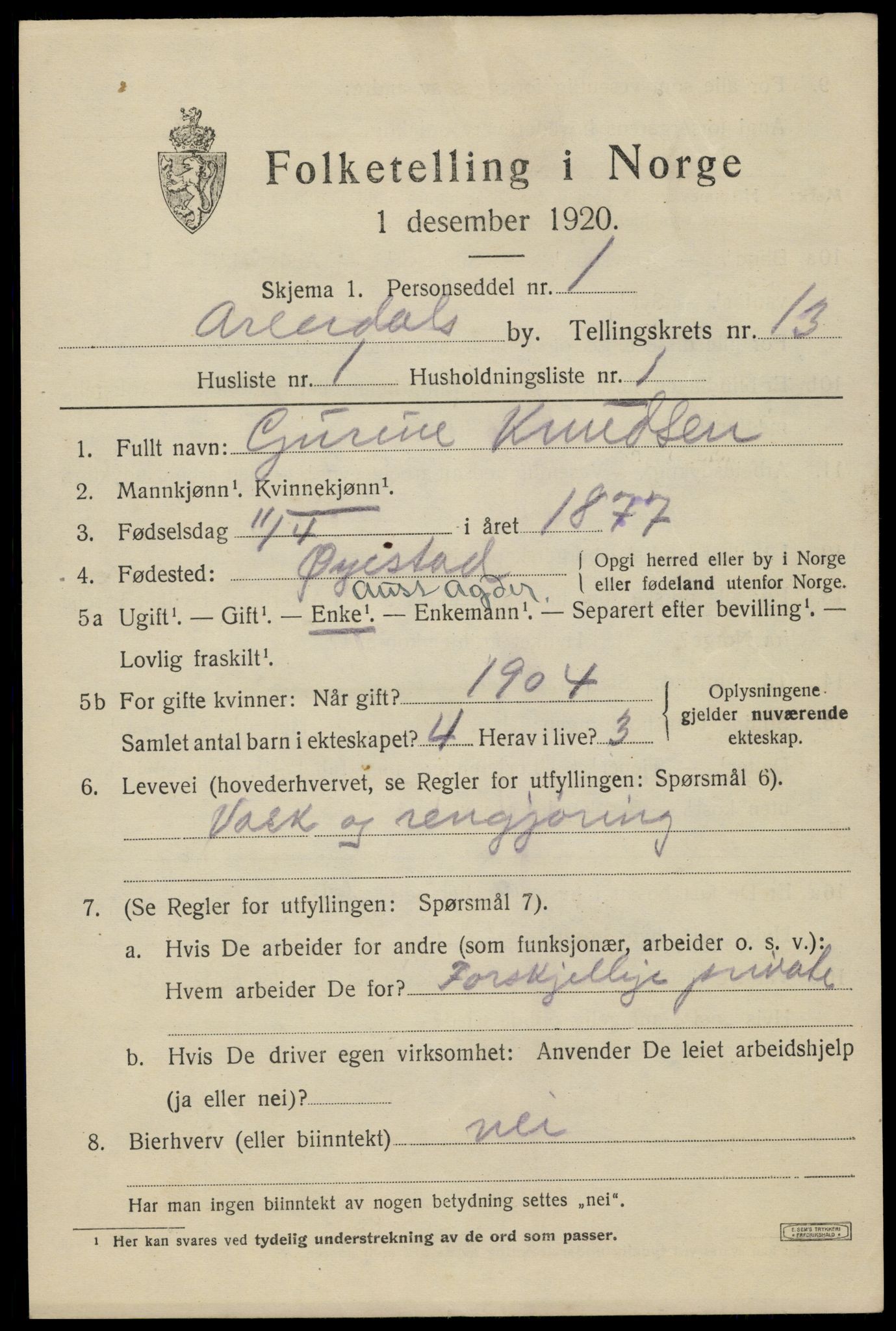 SAK, 1920 census for Arendal, 1920, p. 20260
