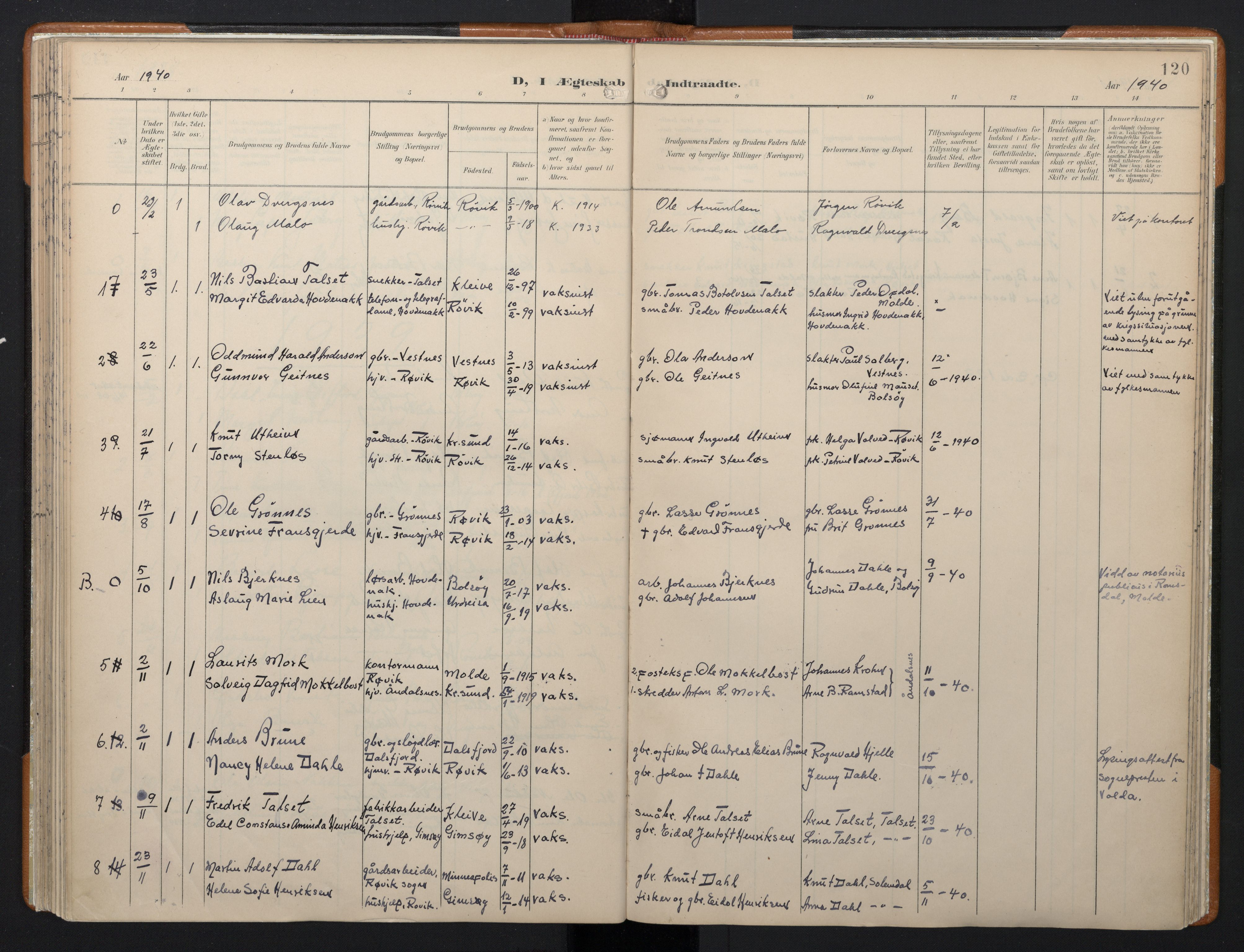 Ministerialprotokoller, klokkerbøker og fødselsregistre - Møre og Romsdal, AV/SAT-A-1454/556/L0676: Parish register (official) no. 556A01, 1899-1966, p. 120