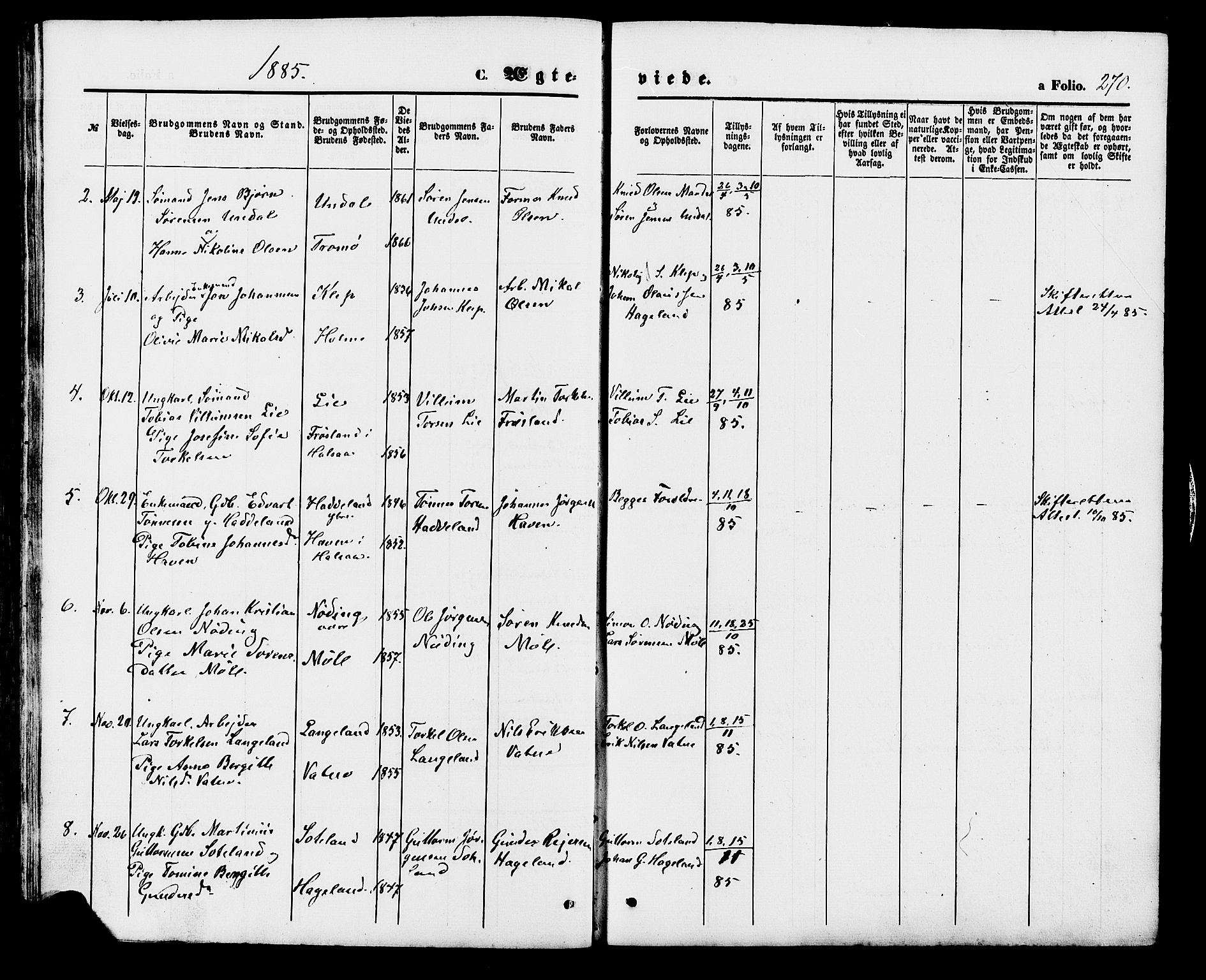 Holum sokneprestkontor, SAK/1111-0022/F/Fb/Fba/L0004: Parish register (copy) no. B 4, 1867-1890, p. 270