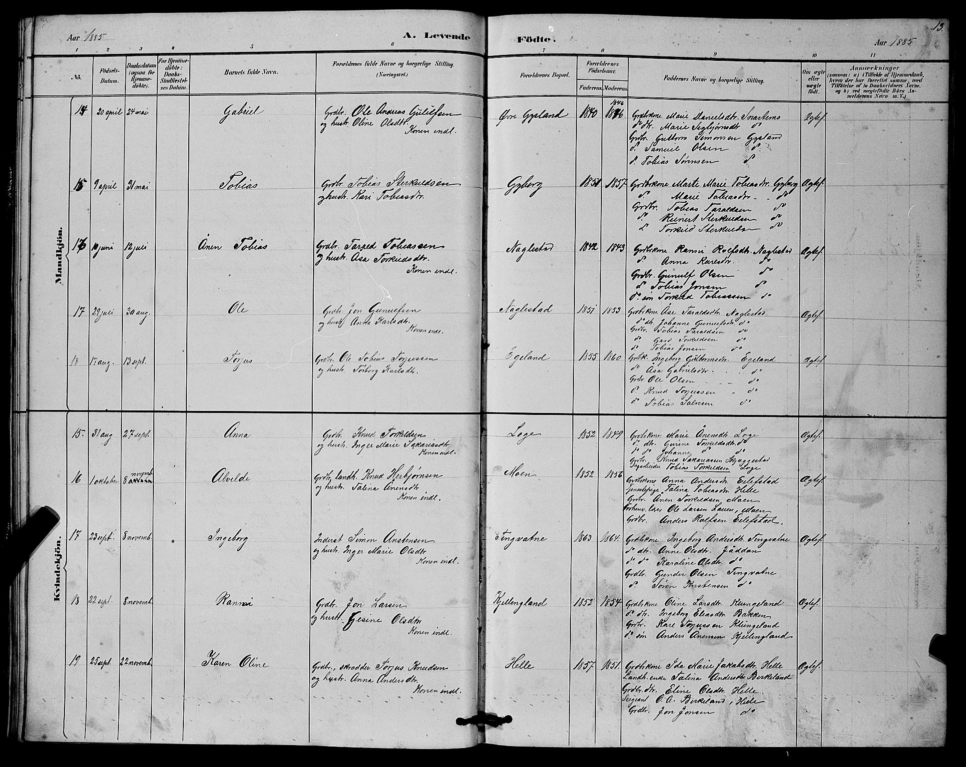 Hægebostad sokneprestkontor, SAK/1111-0024/F/Fb/Fba/L0003: Parish register (copy) no. B 3, 1883-1896, p. 13