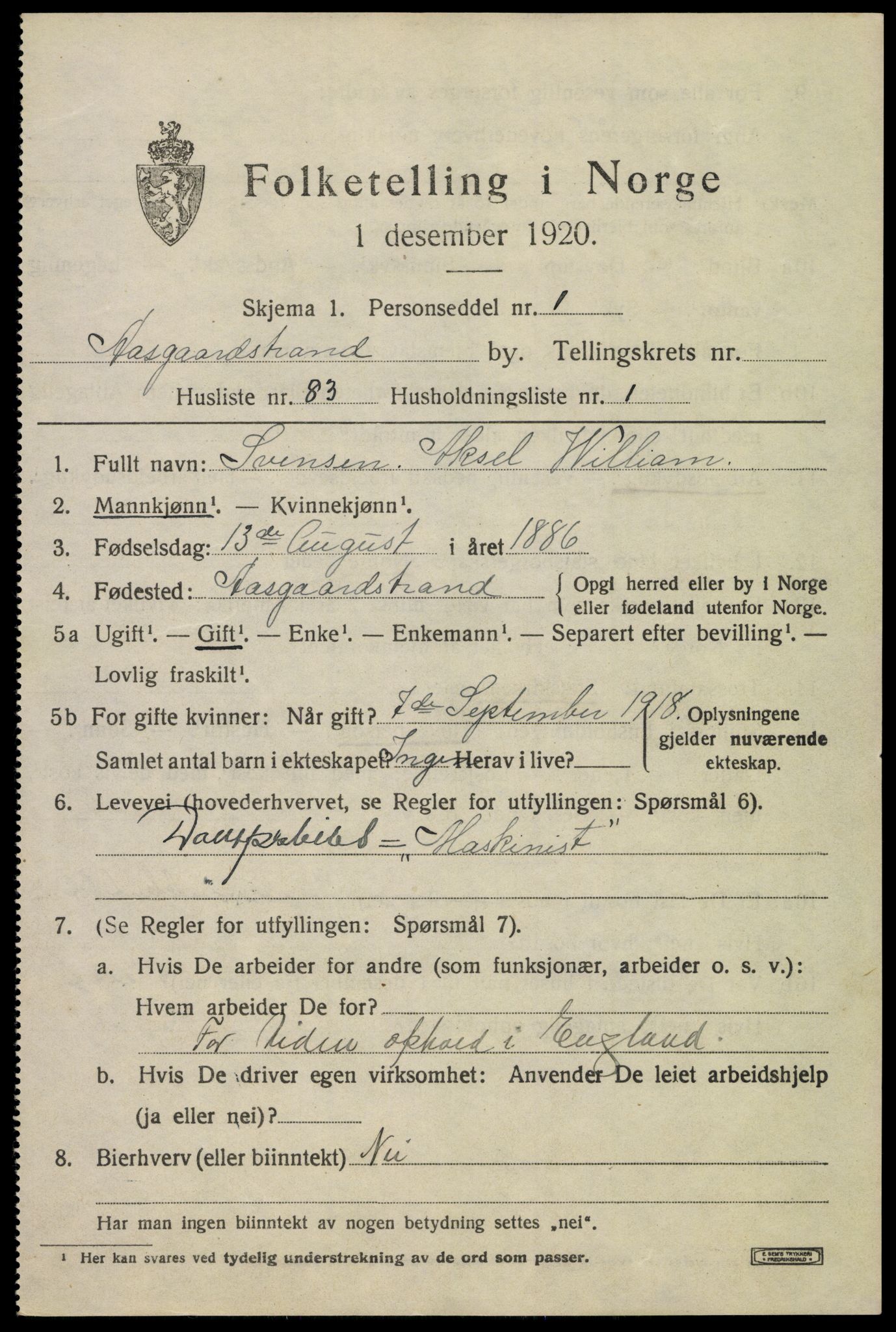 SAKO, 1920 census for Åsgårdstrand, 1920, p. 1233
