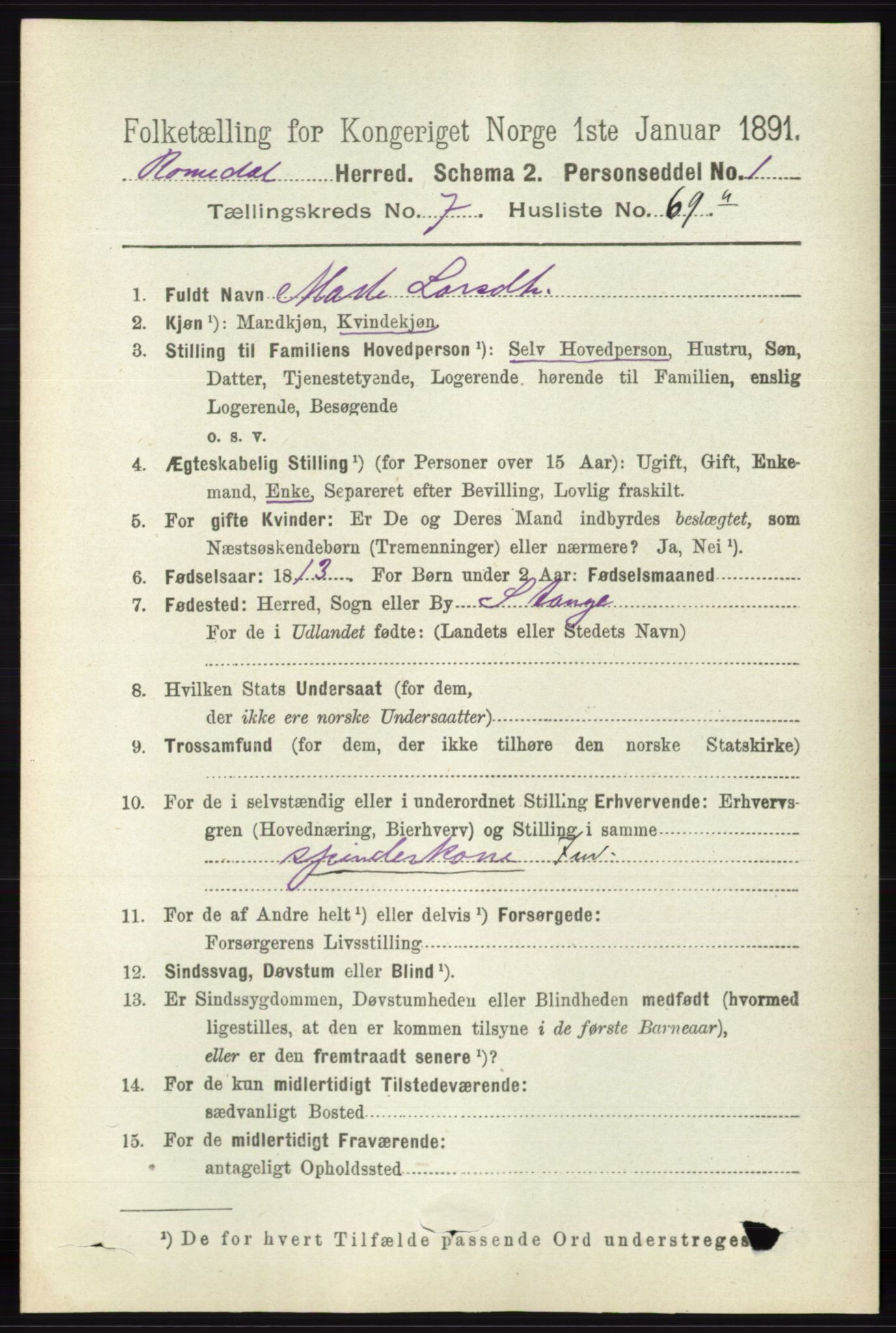 RA, 1891 census for 0416 Romedal, 1891, p. 3890