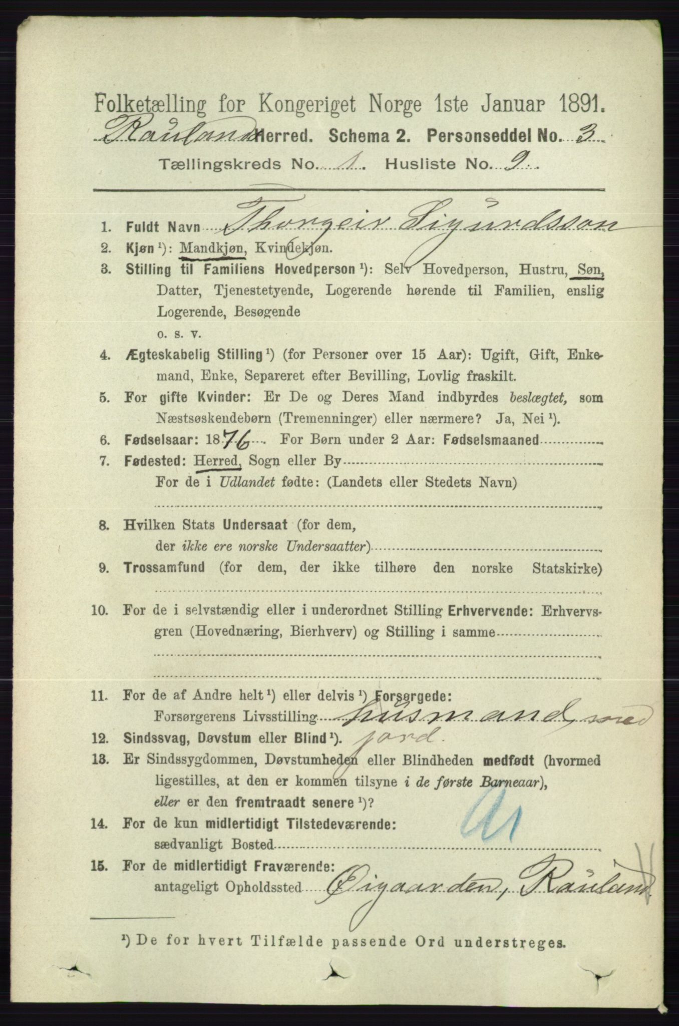 RA, 1891 census for 0835 Rauland, 1891, p. 98