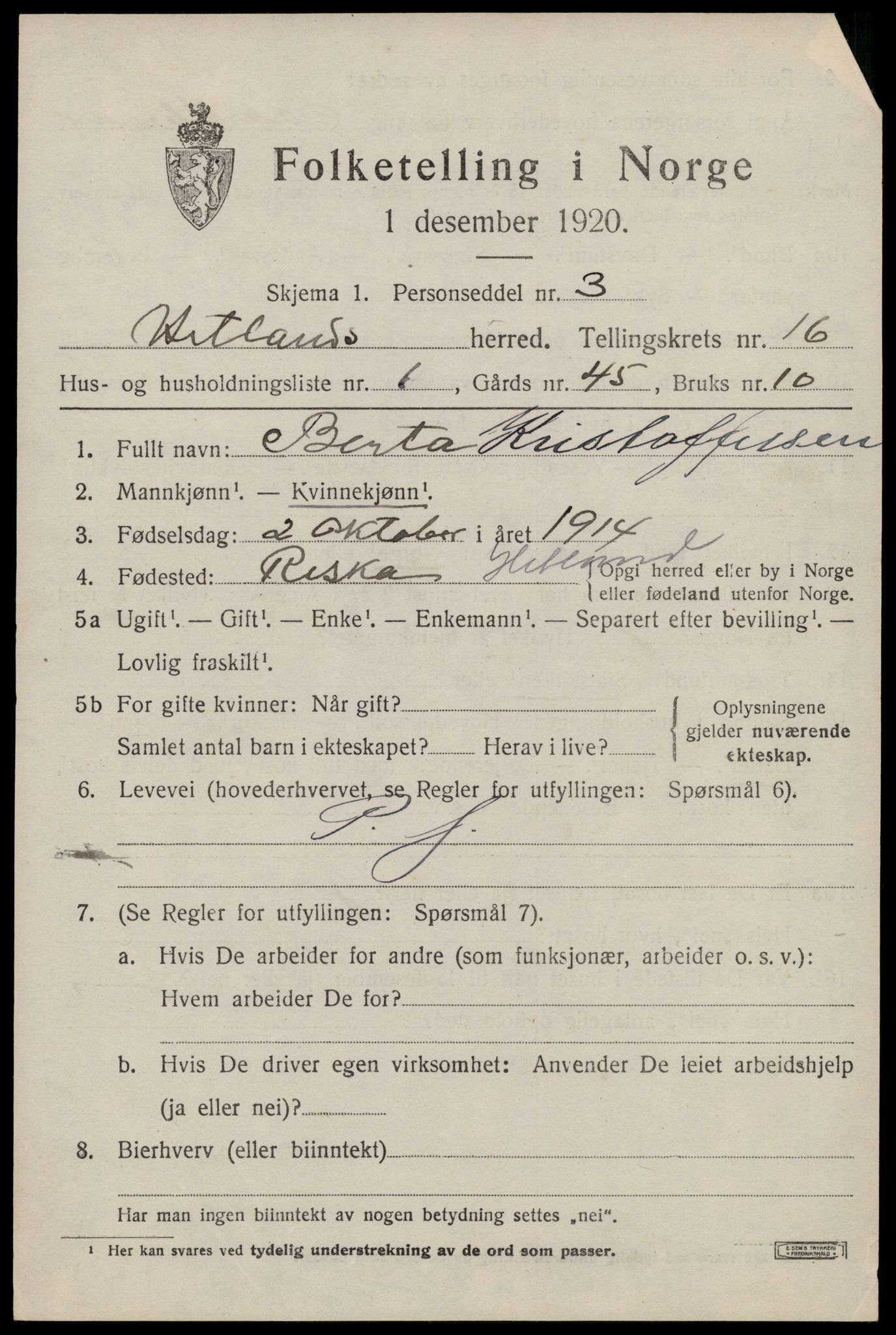 SAST, 1920 census for Hetland, 1920, p. 23147