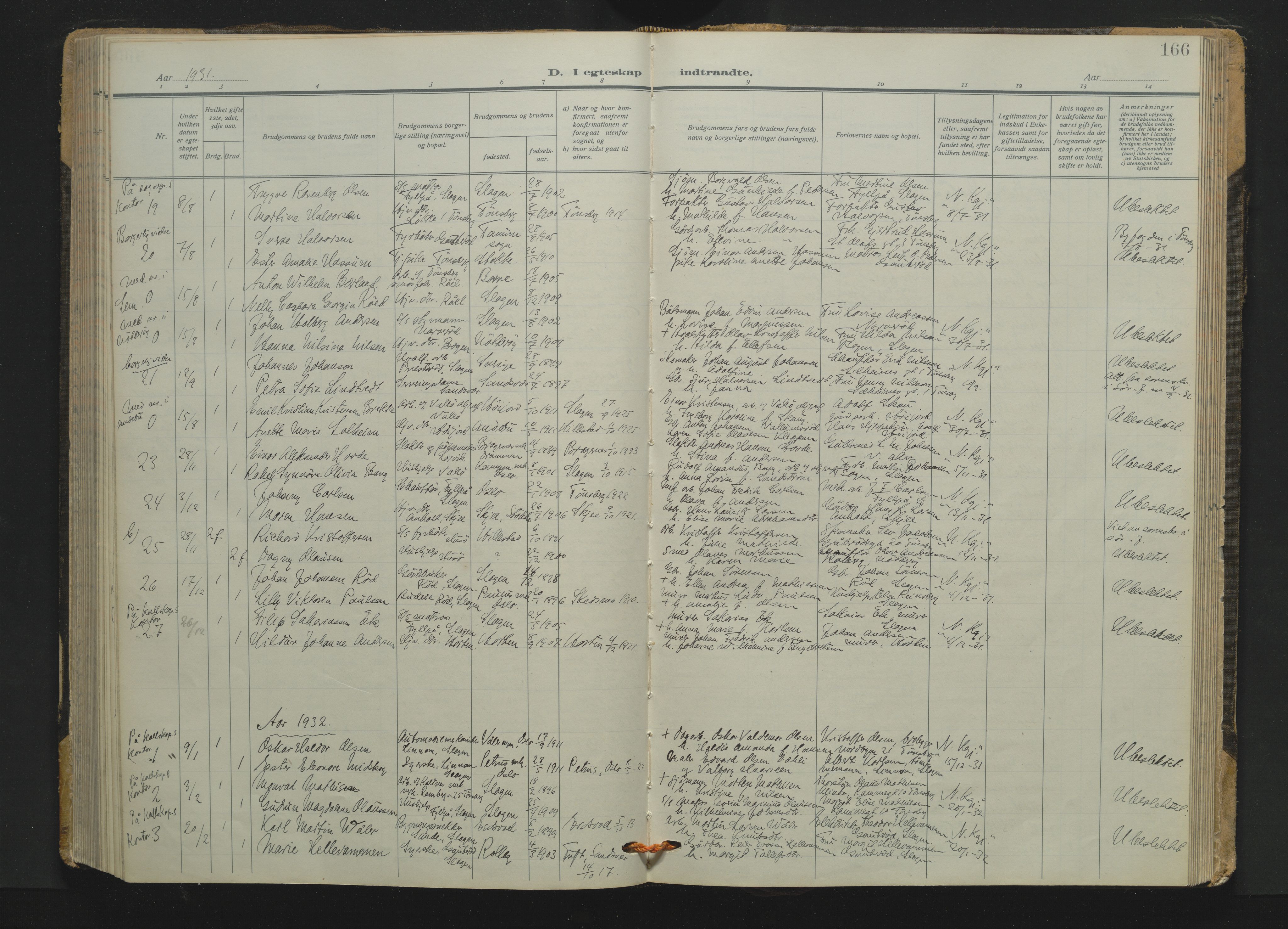 Søndre Slagen kirkebøker, AV/SAKO-A-326/F/Fa/L0001: Parish register (official) no. 1, 1922-1935, p. 166