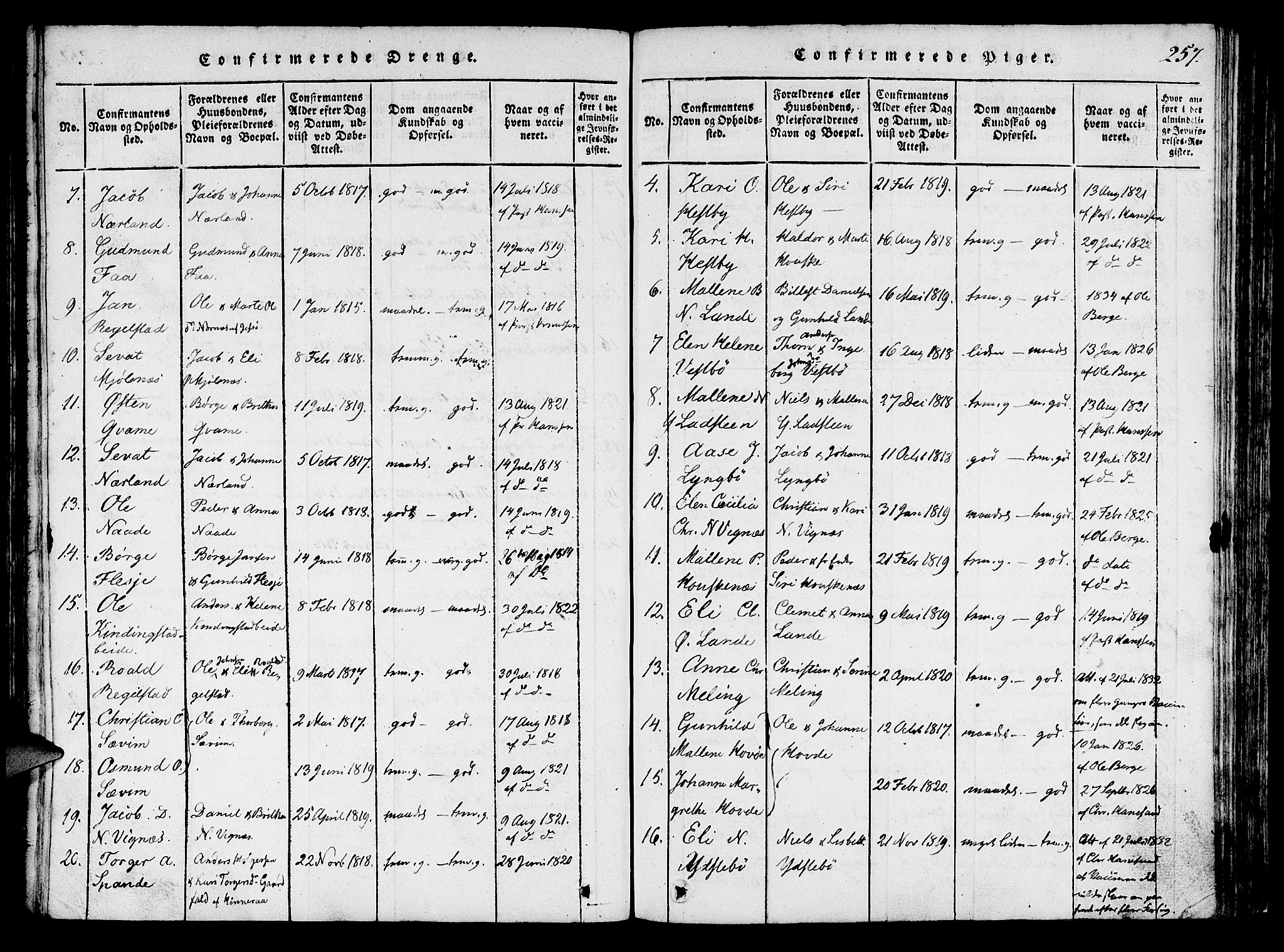 Finnøy sokneprestkontor, AV/SAST-A-101825/H/Ha/Haa/L0006: Parish register (official) no. A 6, 1816-1846, p. 257