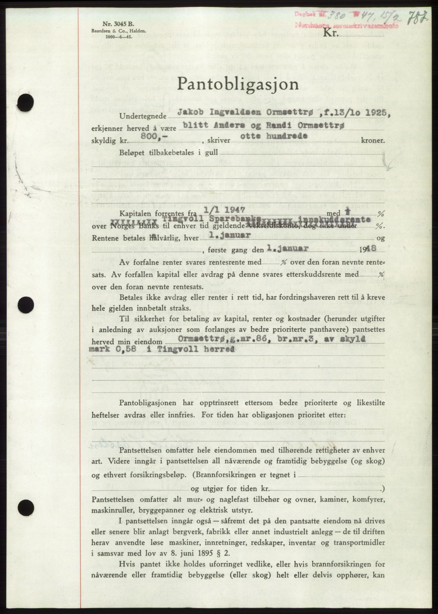 Nordmøre sorenskriveri, AV/SAT-A-4132/1/2/2Ca: Mortgage book no. B95, 1946-1947, Diary no: : 380/1947