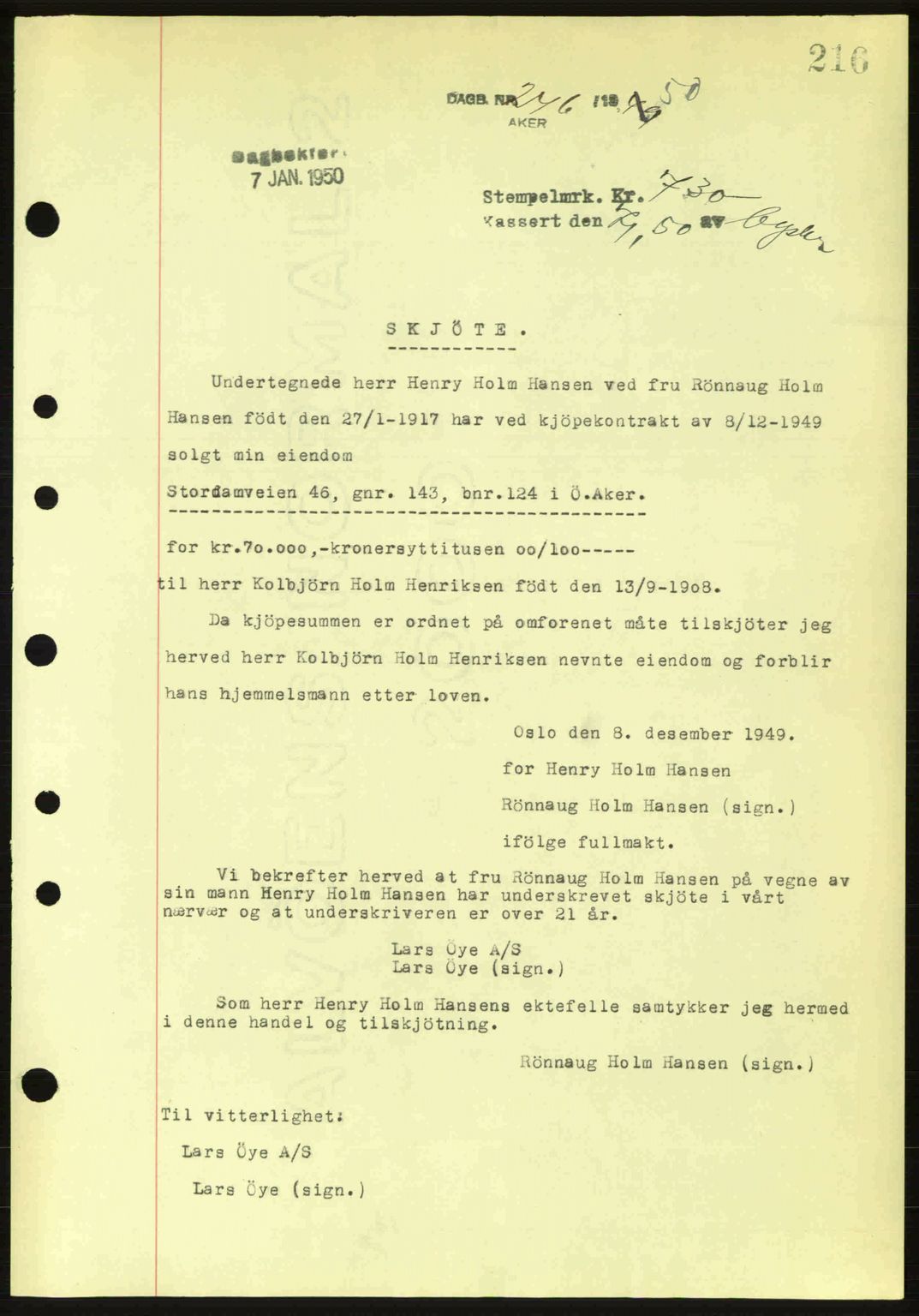 Oslo byskriverembete, AV/SAO-A-10227/G/Gb/Gbd/Gbda/L0017: Mortgage book no. A215, 1949-1950, Diary no: : 246/1950