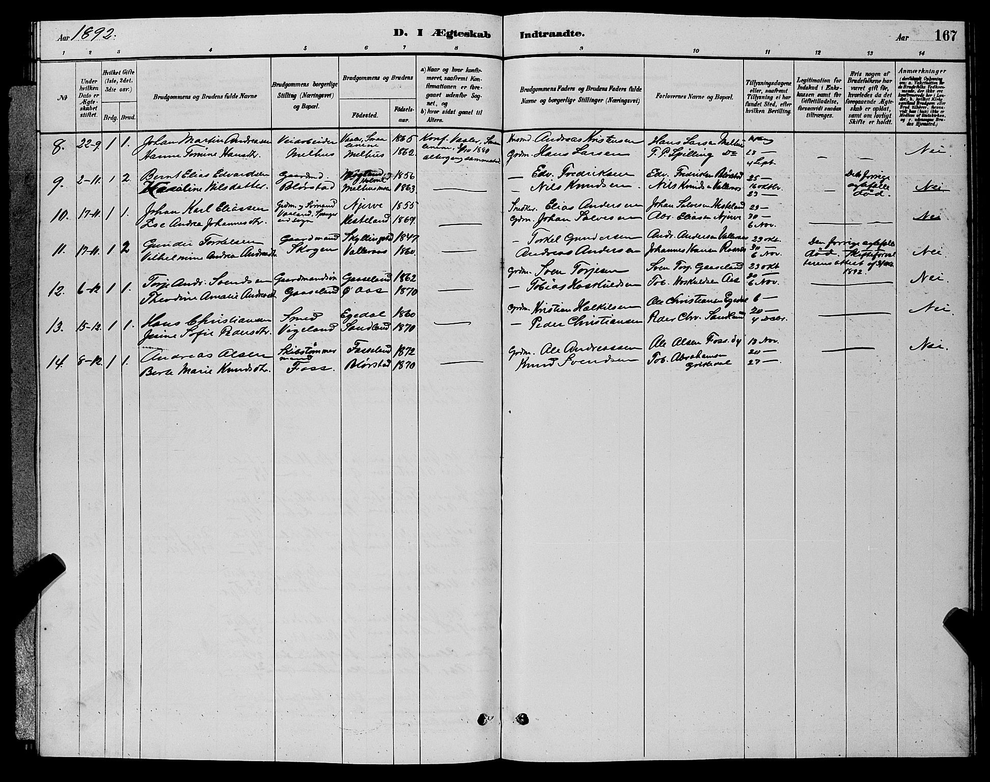 Sør-Audnedal sokneprestkontor, AV/SAK-1111-0039/F/Fb/Fbb/L0005: Parish register (copy) no. B 5, 1880-1892, p. 167