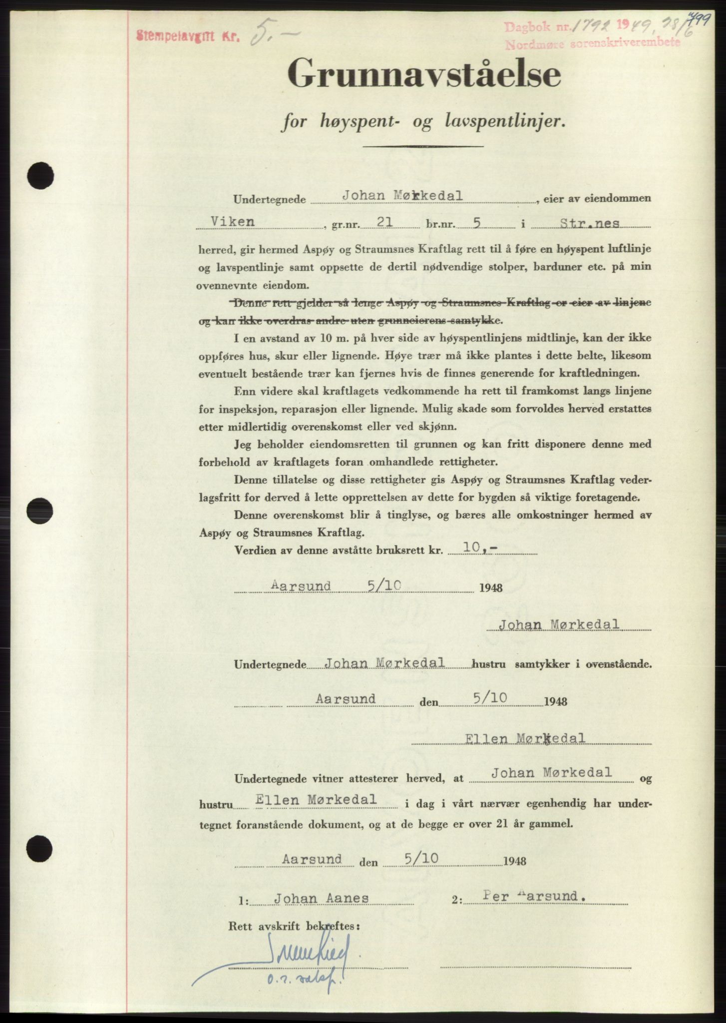 Nordmøre sorenskriveri, AV/SAT-A-4132/1/2/2Ca: Mortgage book no. B101, 1949-1949, Diary no: : 1792/1949