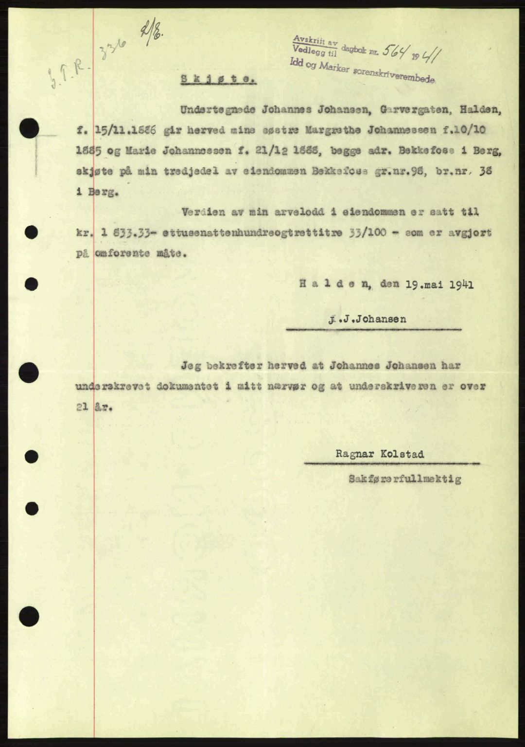 Idd og Marker sorenskriveri, AV/SAO-A-10283/G/Gb/Gbb/L0004: Mortgage book no. A4, 1940-1941, Diary no: : 564/1941