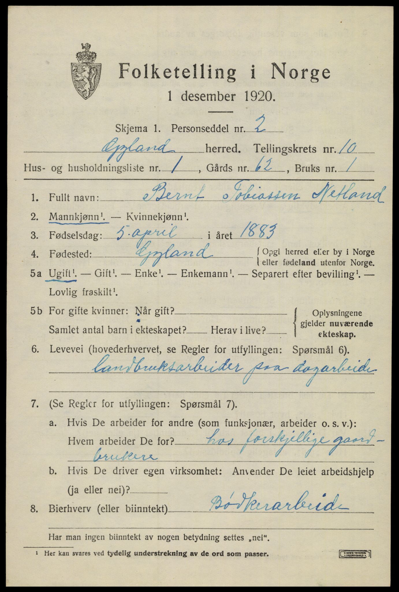 SAK, 1920 census for Gyland, 1920, p. 2174