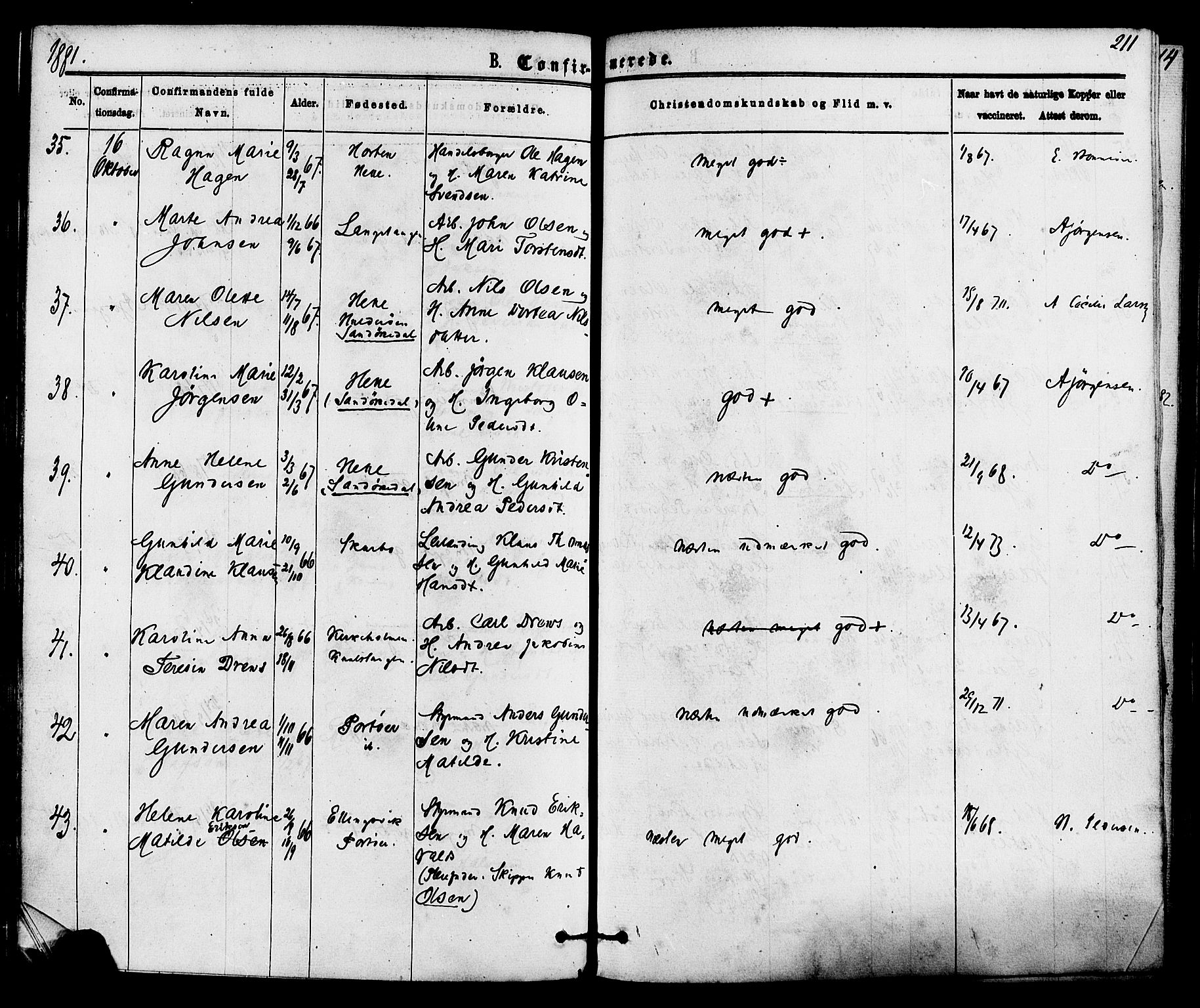 Skåtøy kirkebøker, AV/SAKO-A-304/F/Fa/L0001: Parish register (official) no. I 1, 1874-1883, p. 211