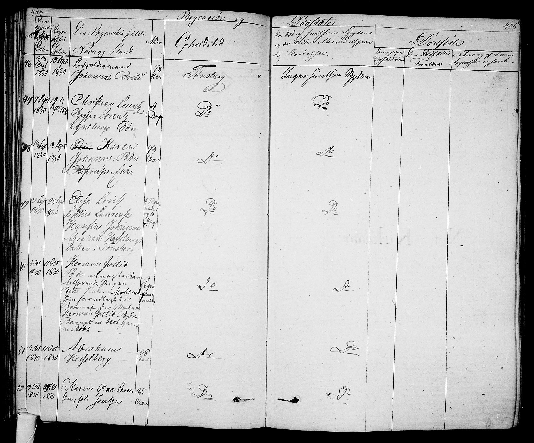 Tønsberg kirkebøker, AV/SAKO-A-330/F/Fa/L0005: Parish register (official) no. I 5, 1827-1836, p. 444-445