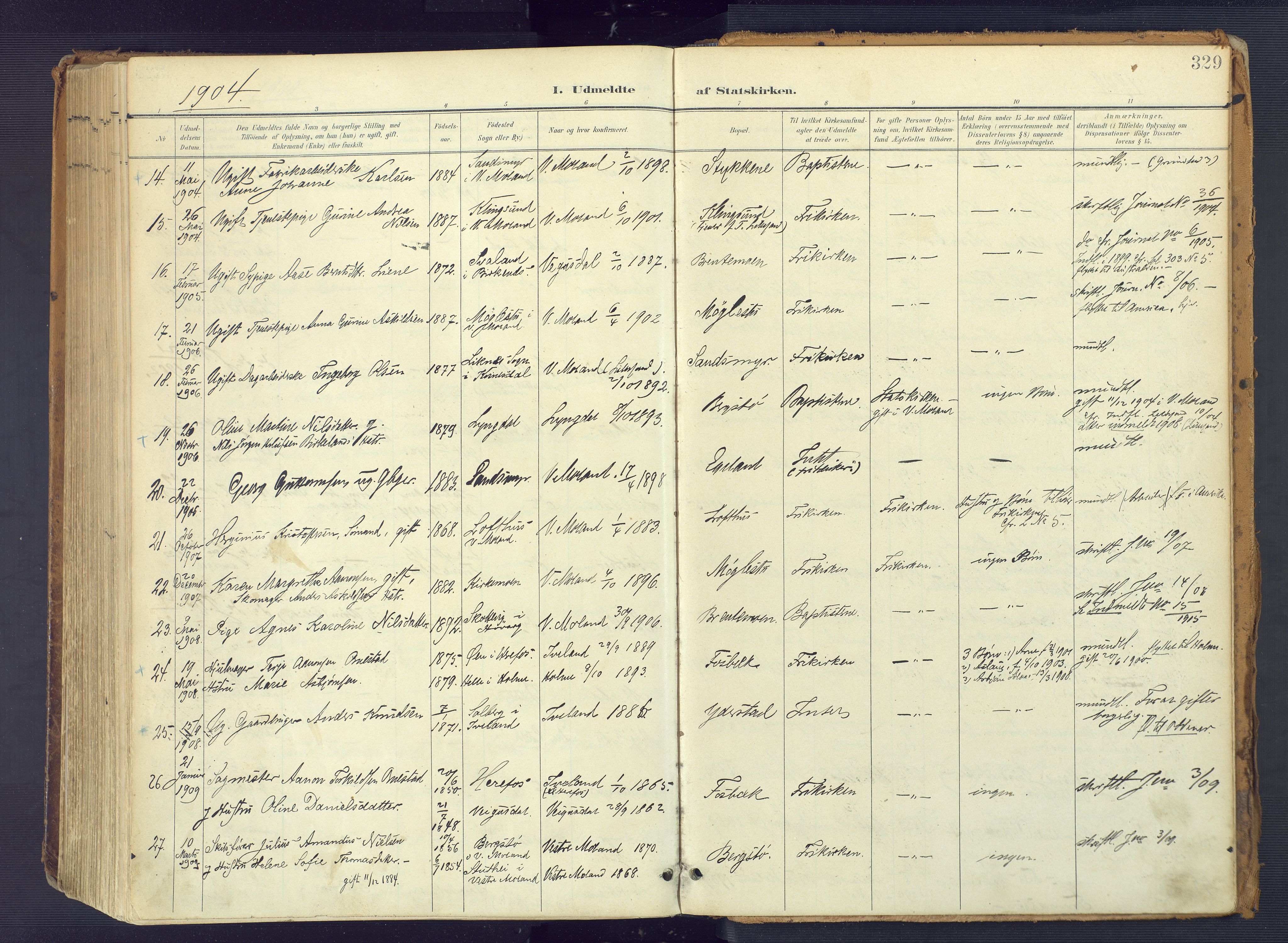 Vestre Moland sokneprestkontor, AV/SAK-1111-0046/F/Fa/Fab/L0010: Parish register (official) no. A 10, 1900-1926, p. 329