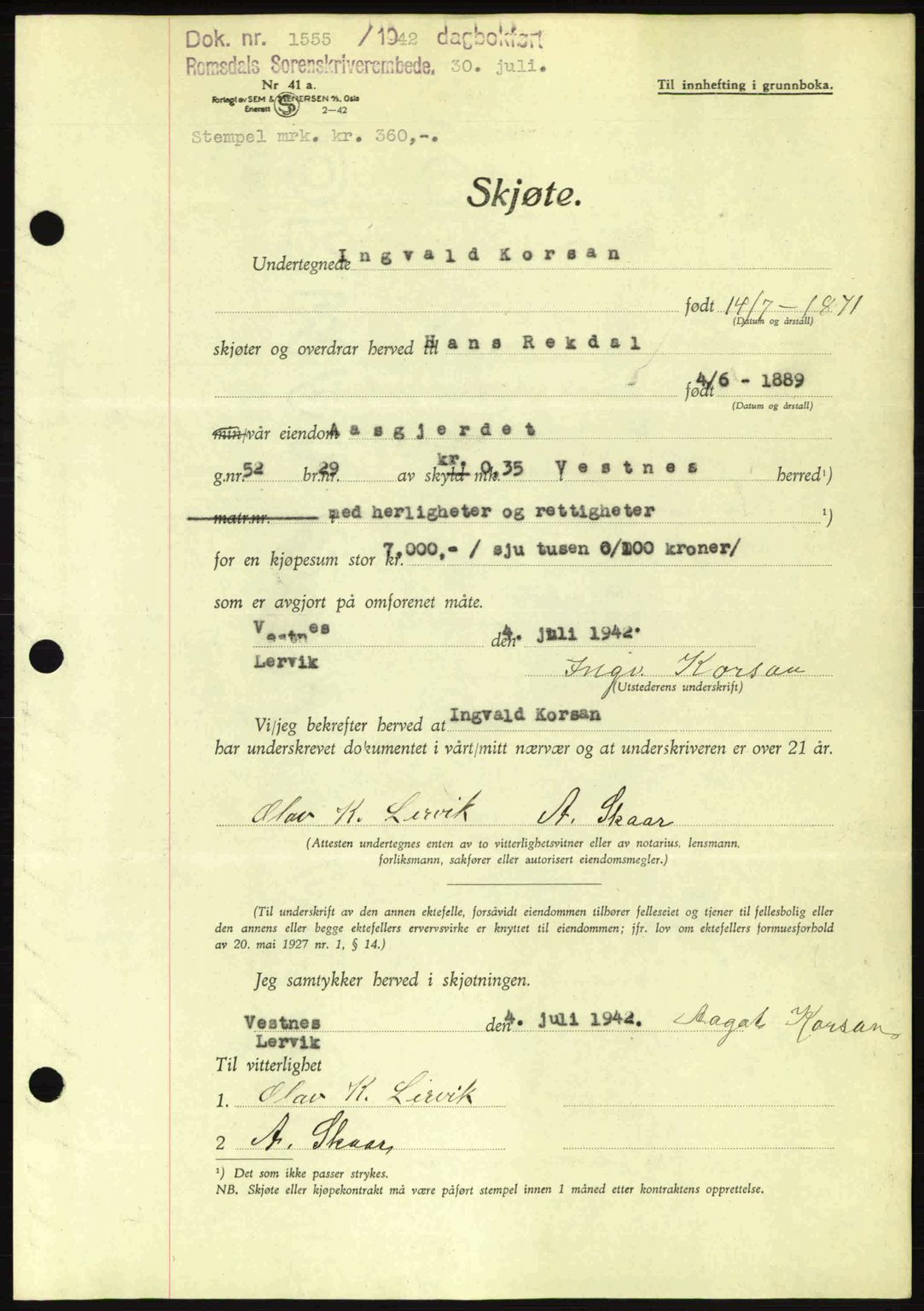 Romsdal sorenskriveri, AV/SAT-A-4149/1/2/2C: Mortgage book no. A12, 1942-1942, Diary no: : 1555/1942