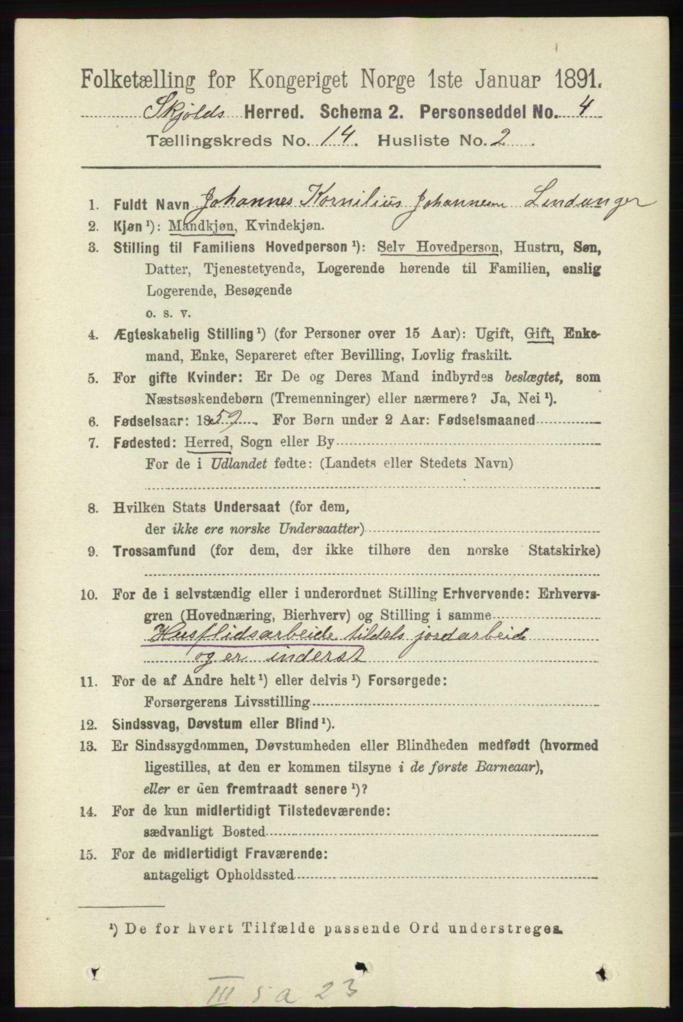 RA, 1891 census for 1154 Skjold, 1891, p. 2576