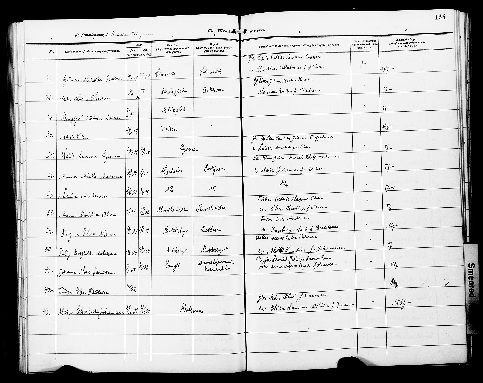 Skjervøy sokneprestkontor, SATØ/S-1300/H/Ha/Hab/L0022klokker: Parish register (copy) no. 22, 1910-1926, p. 164