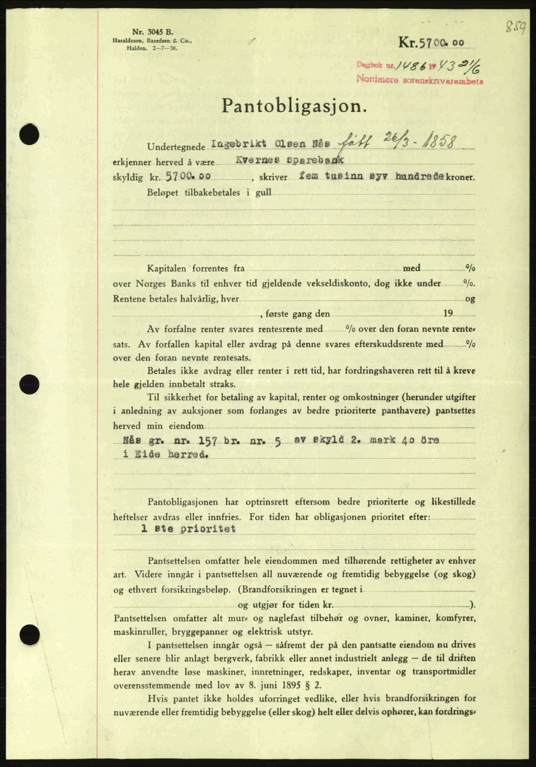 Nordmøre sorenskriveri, AV/SAT-A-4132/1/2/2Ca: Mortgage book no. B90, 1942-1943, Diary no: : 1486/1943