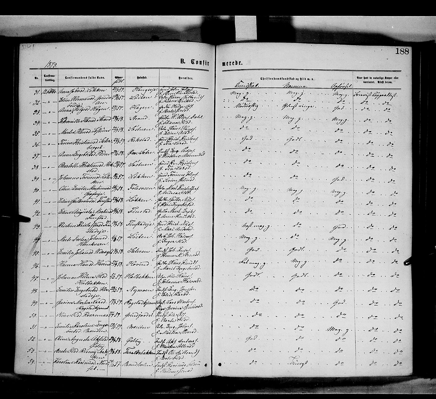 Elverum prestekontor, AV/SAH-PREST-044/H/Ha/Haa/L0011: Parish register (official) no. 11, 1869-1879, p. 188