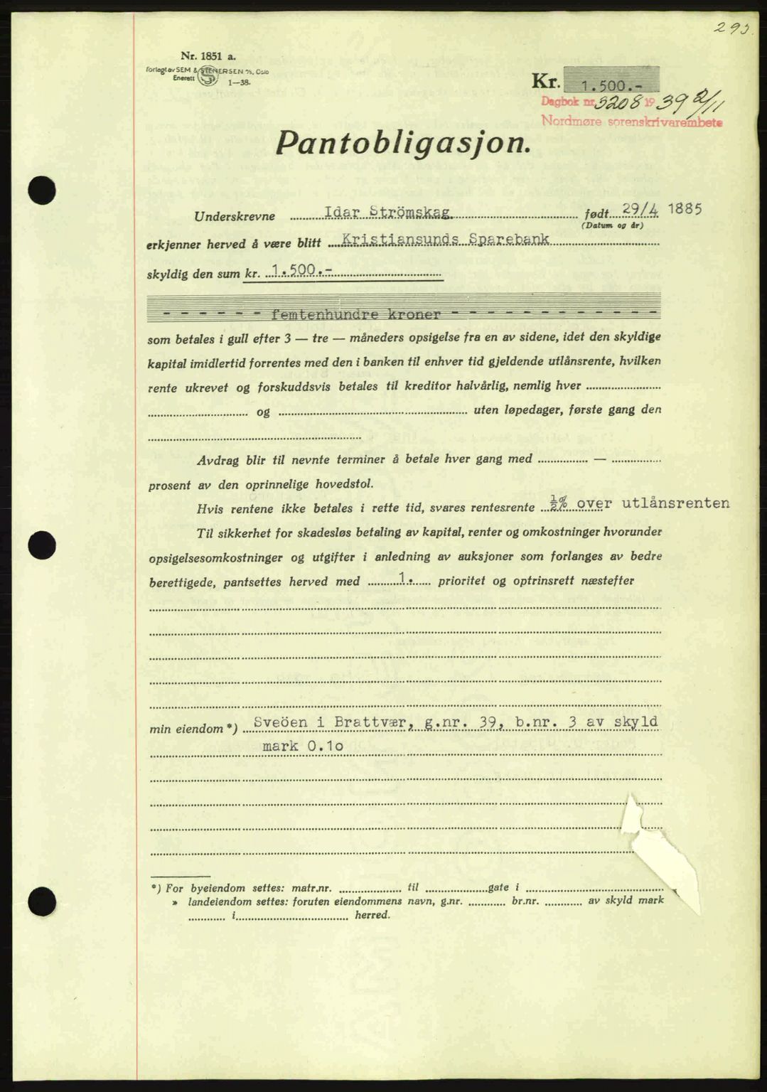 Nordmøre sorenskriveri, AV/SAT-A-4132/1/2/2Ca: Mortgage book no. B86, 1939-1940, Diary no: : 3208/1939