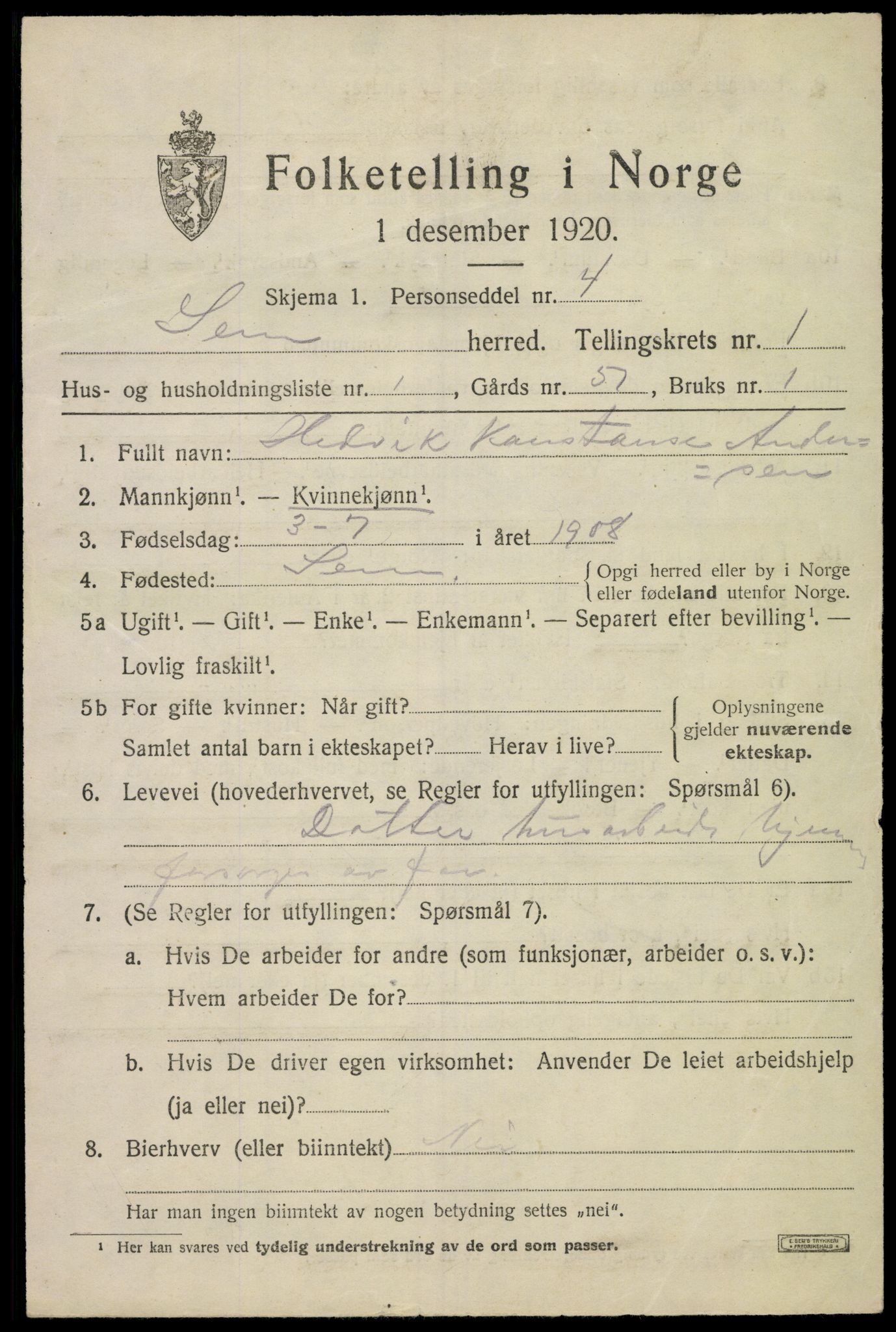 SAKO, 1920 census for Sem, 1920, p. 2785