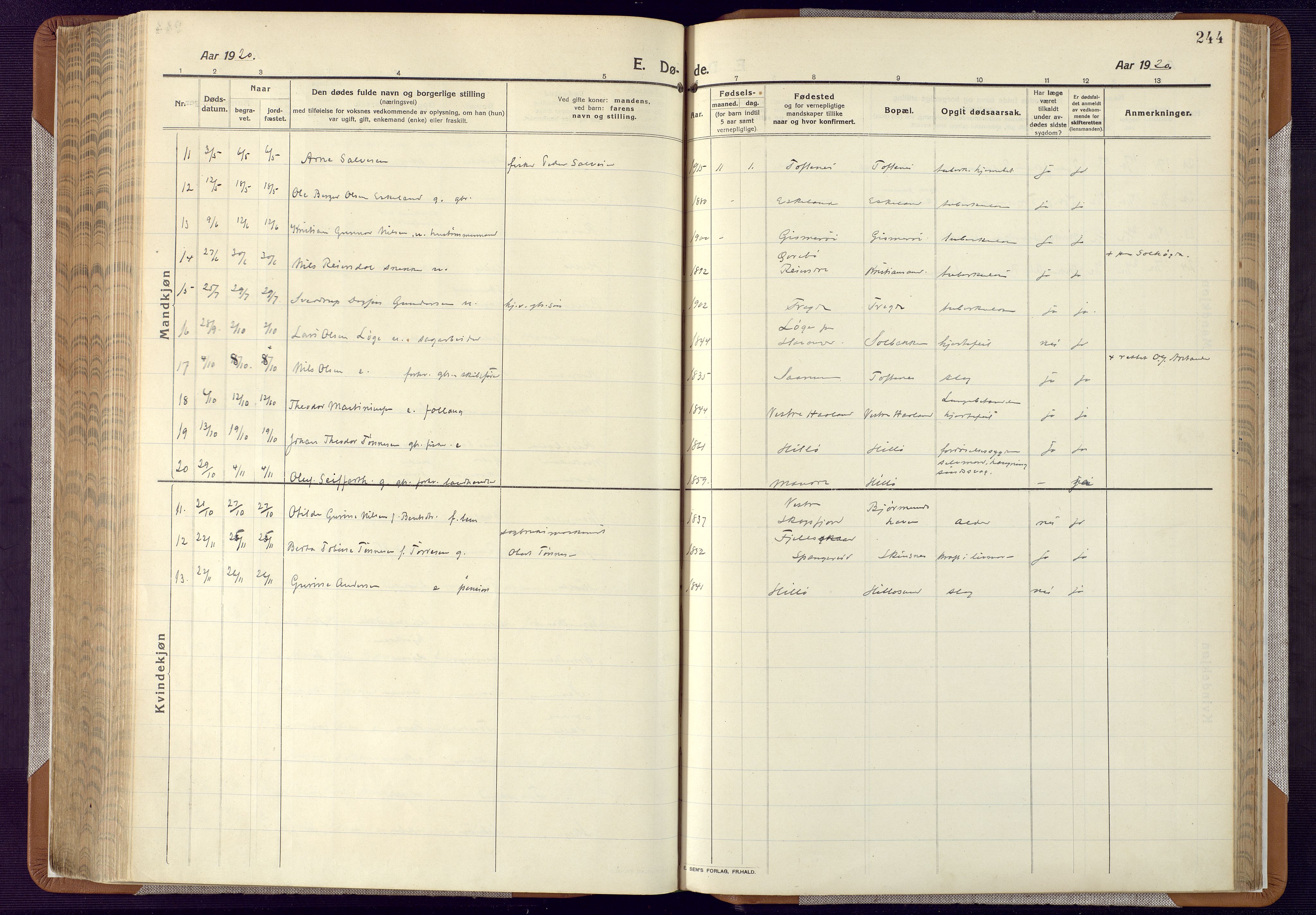 Mandal sokneprestkontor, AV/SAK-1111-0030/F/Fa/Faa/L0022: Parish register (official) no. A 22, 1913-1925, p. 244