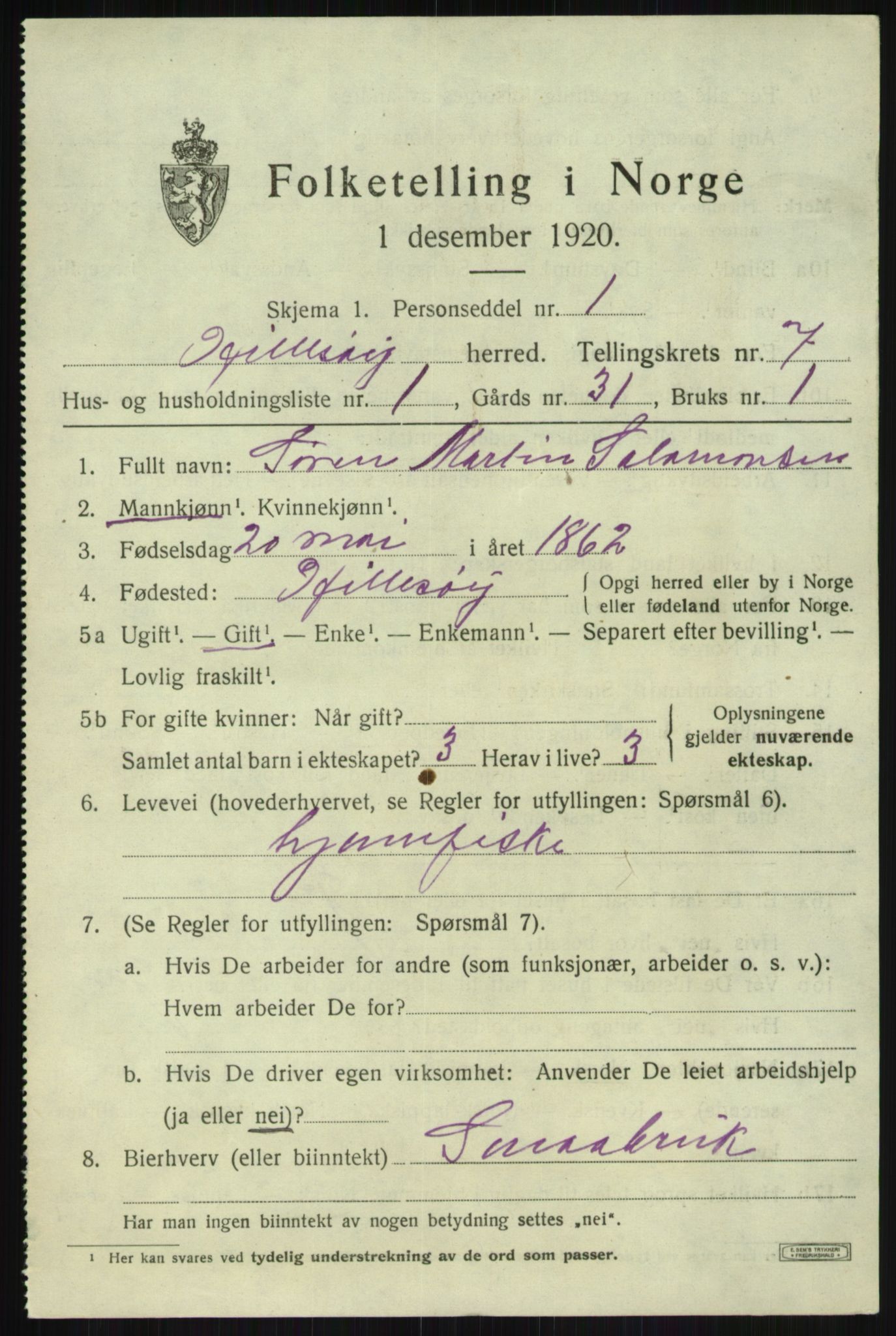 SATØ, 1920 census for Hillesøy, 1920, p. 3269