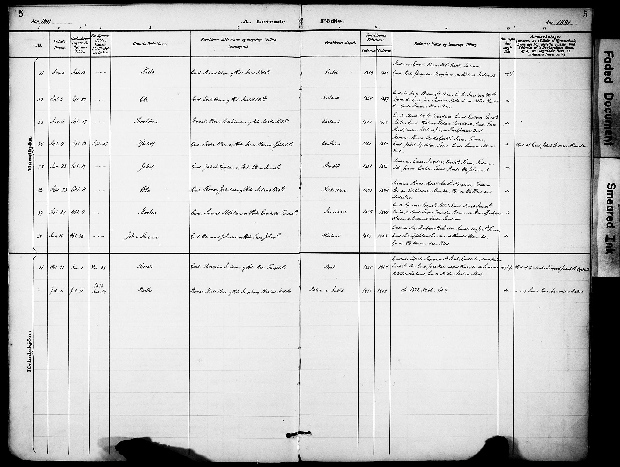 Gjerstad sokneprestkontor, AV/SAK-1111-0014/F/Fa/Faa/L0010: Parish register (official) no. A 10, 1891-1902, p. 5