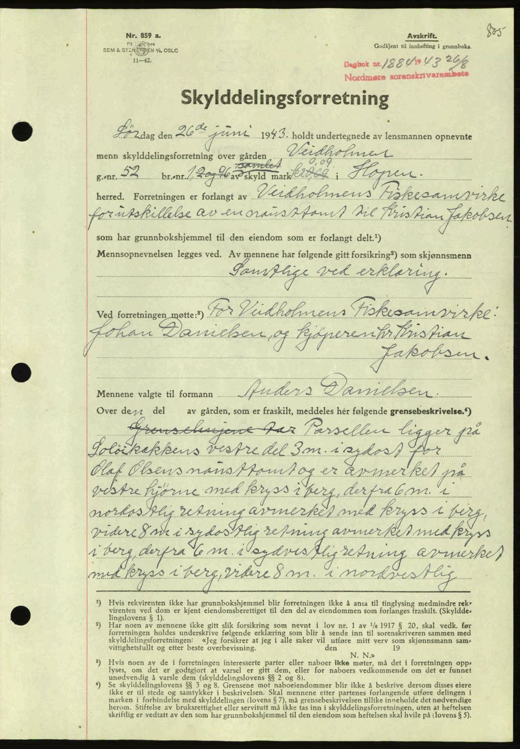 Nordmøre sorenskriveri, AV/SAT-A-4132/1/2/2Ca: Mortgage book no. A95, 1943-1943, Diary no: : 1884/1943