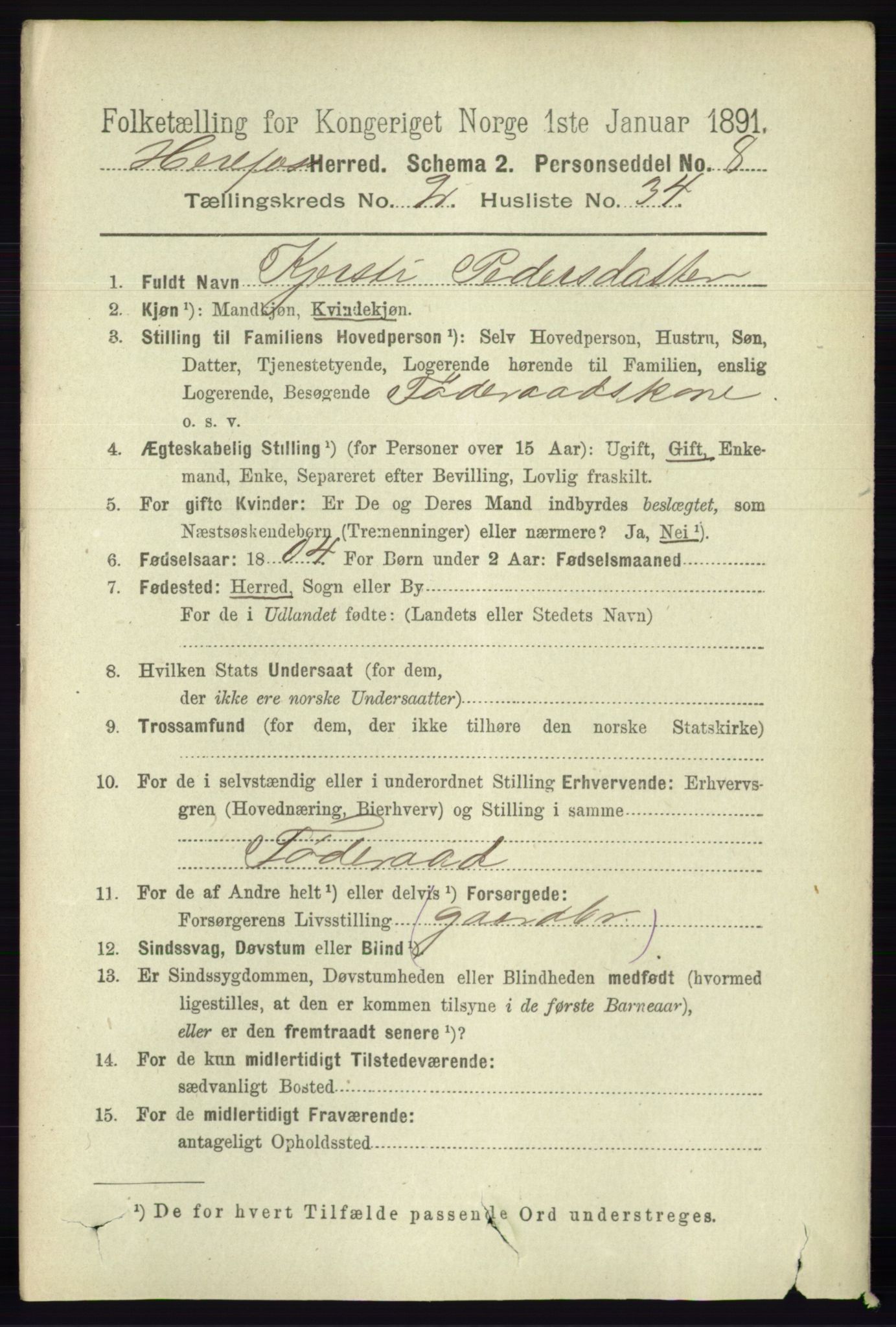 RA, 1891 census for 0933 Herefoss, 1891, p. 497