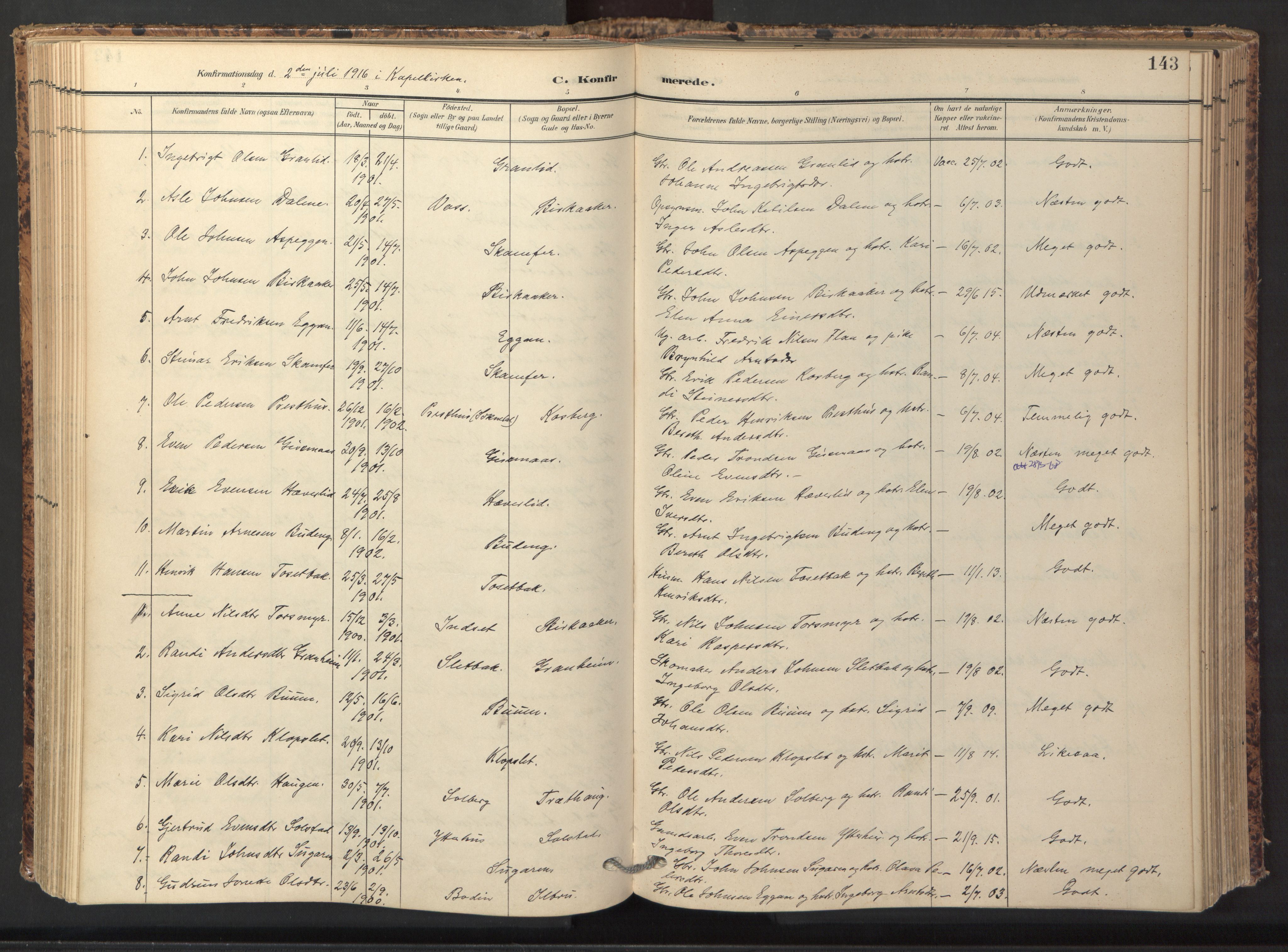 Ministerialprotokoller, klokkerbøker og fødselsregistre - Sør-Trøndelag, SAT/A-1456/674/L0873: Parish register (official) no. 674A05, 1908-1923, p. 143