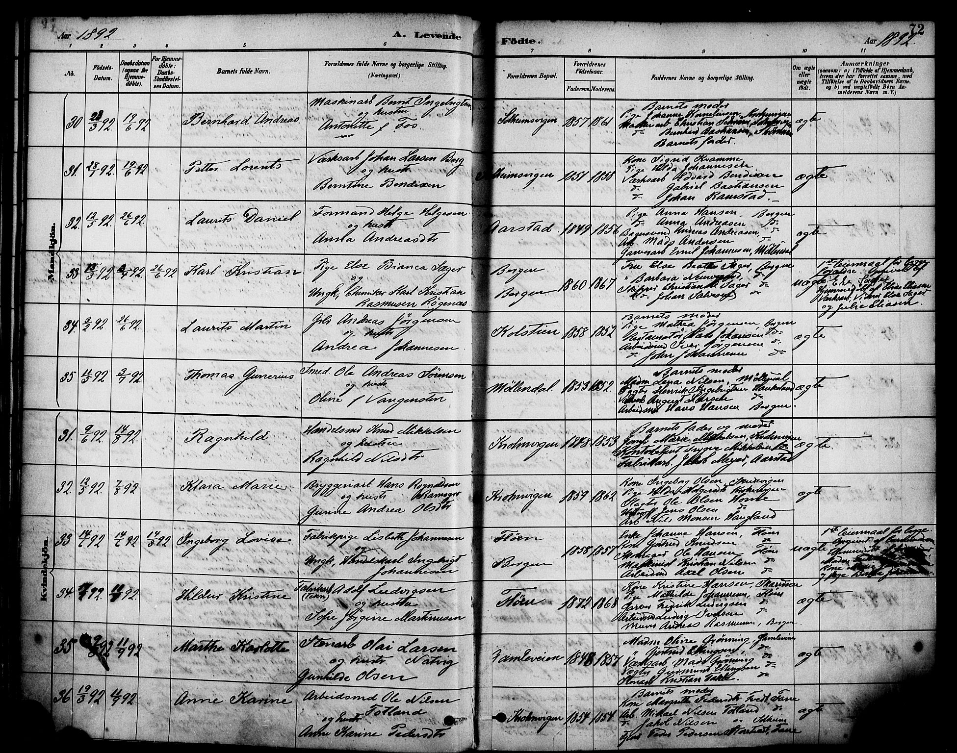 Årstad Sokneprestembete, AV/SAB-A-79301/H/Haa/L0001: Parish register (official) no. A 1, 1886-1901, p. 72