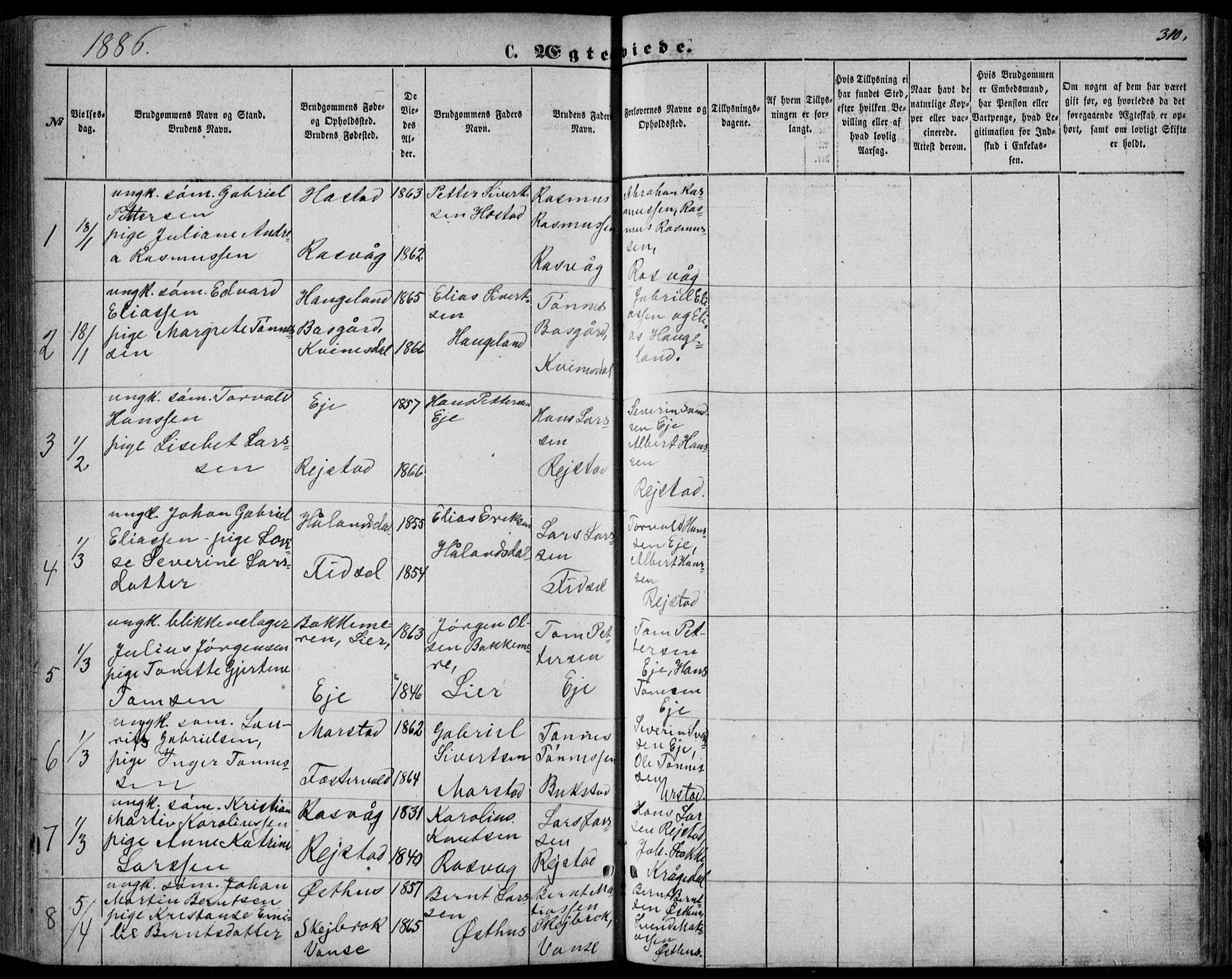 Flekkefjord sokneprestkontor, AV/SAK-1111-0012/F/Fb/Fbb/L0003: Parish register (copy) no. B 3, 1867-1889, p. 310