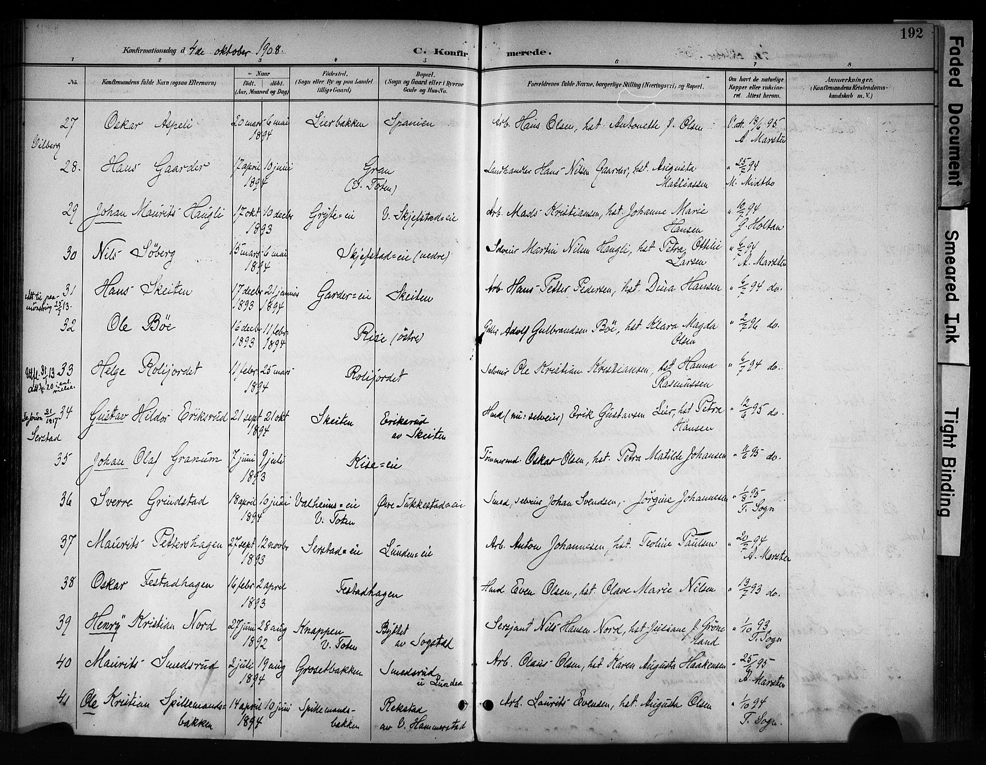 Østre Toten prestekontor, SAH/PREST-104/H/Ha/Haa/L0008: Parish register (official) no. 8, 1897-1909, p. 192