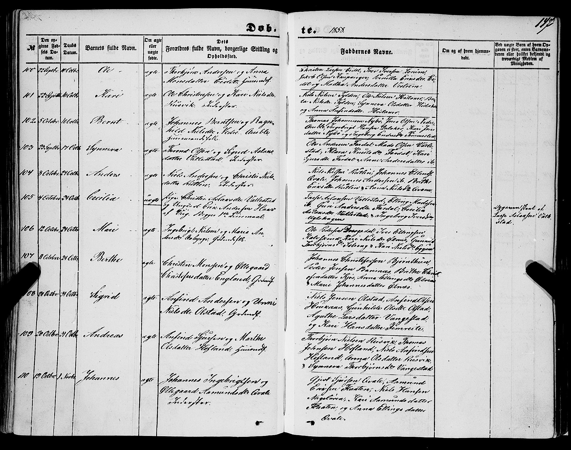Sogndal sokneprestembete, AV/SAB-A-81301/H/Haa/Haaa/L0012I: Parish register (official) no. A 12I, 1847-1859, p. 147
