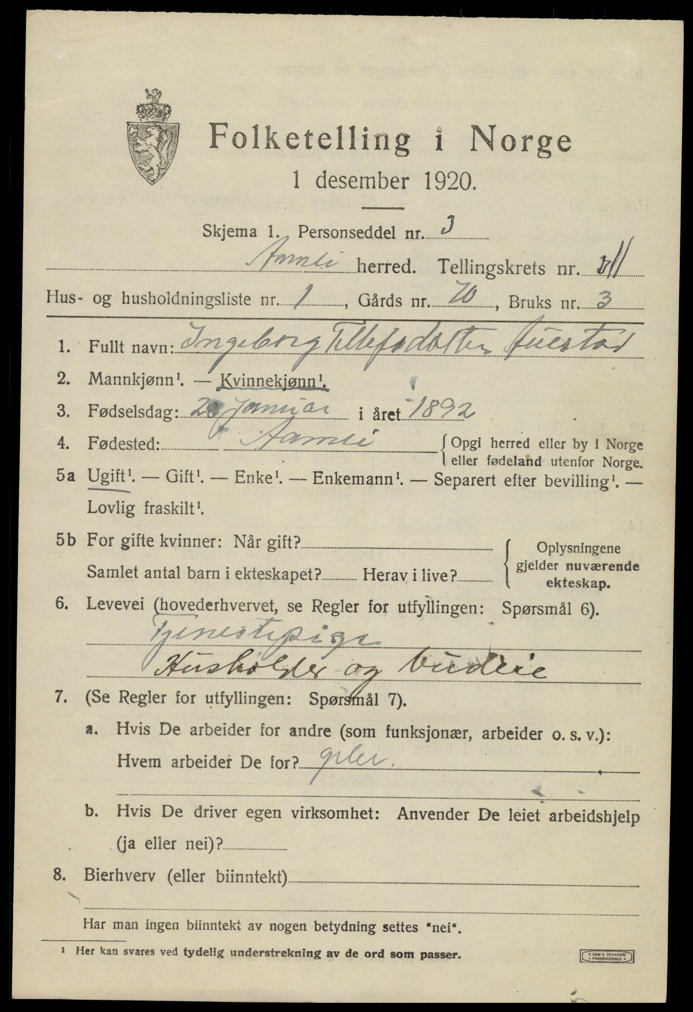 SAK, 1920 census for Åmli, 1920, p. 4201