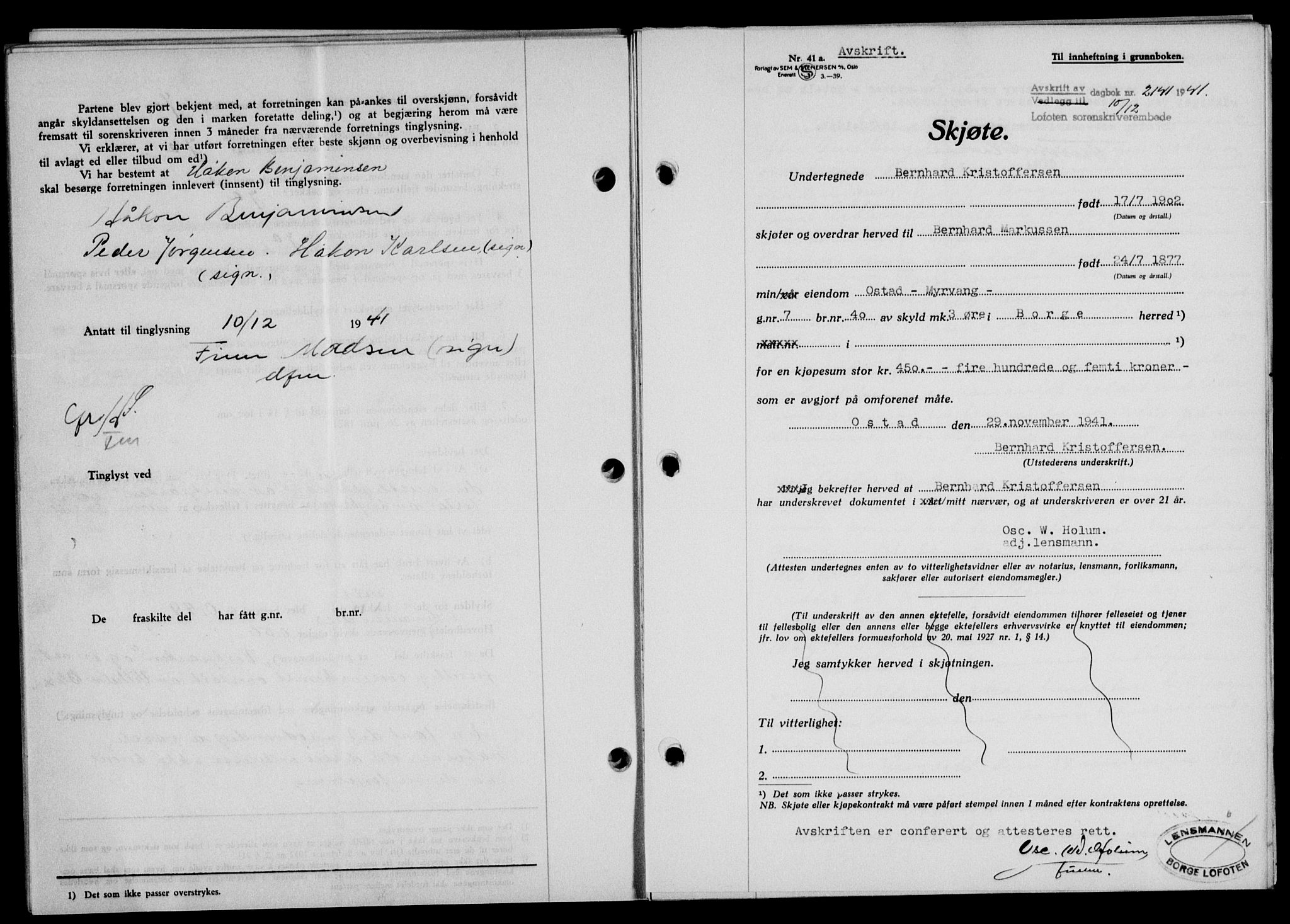 Lofoten sorenskriveri, SAT/A-0017/1/2/2C/L0009a: Mortgage book no. 9a, 1941-1942, Diary no: : 2141/1941