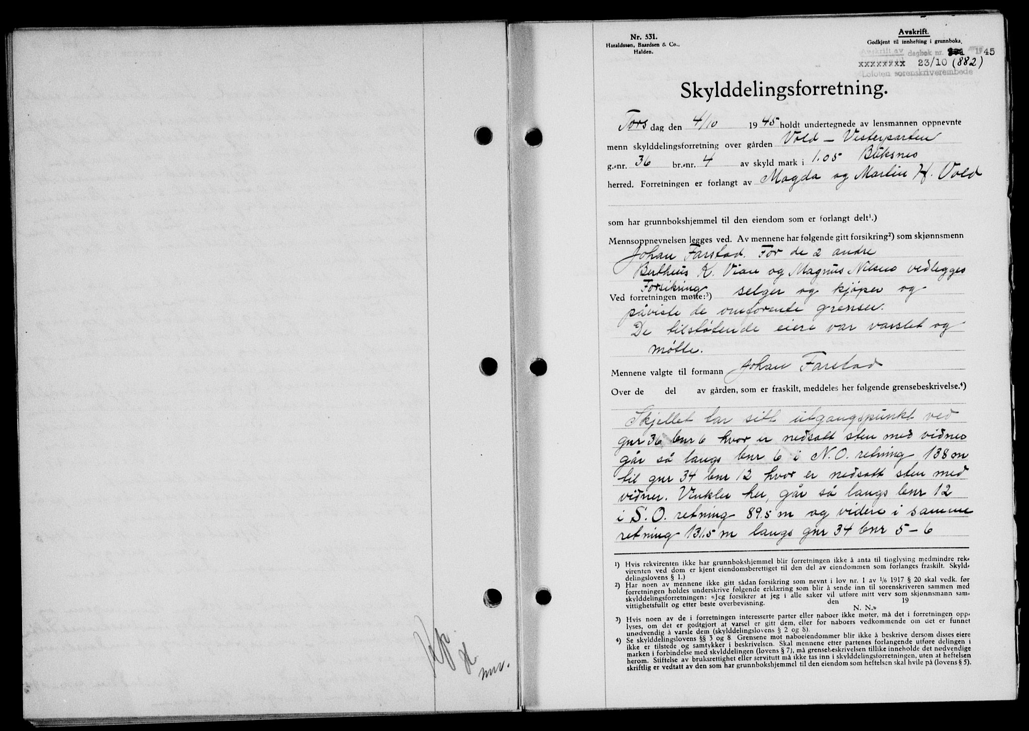 Lofoten sorenskriveri, SAT/A-0017/1/2/2C/L0013a: Mortgage book no. 13a, 1944-1946, Diary no: : 882/1945