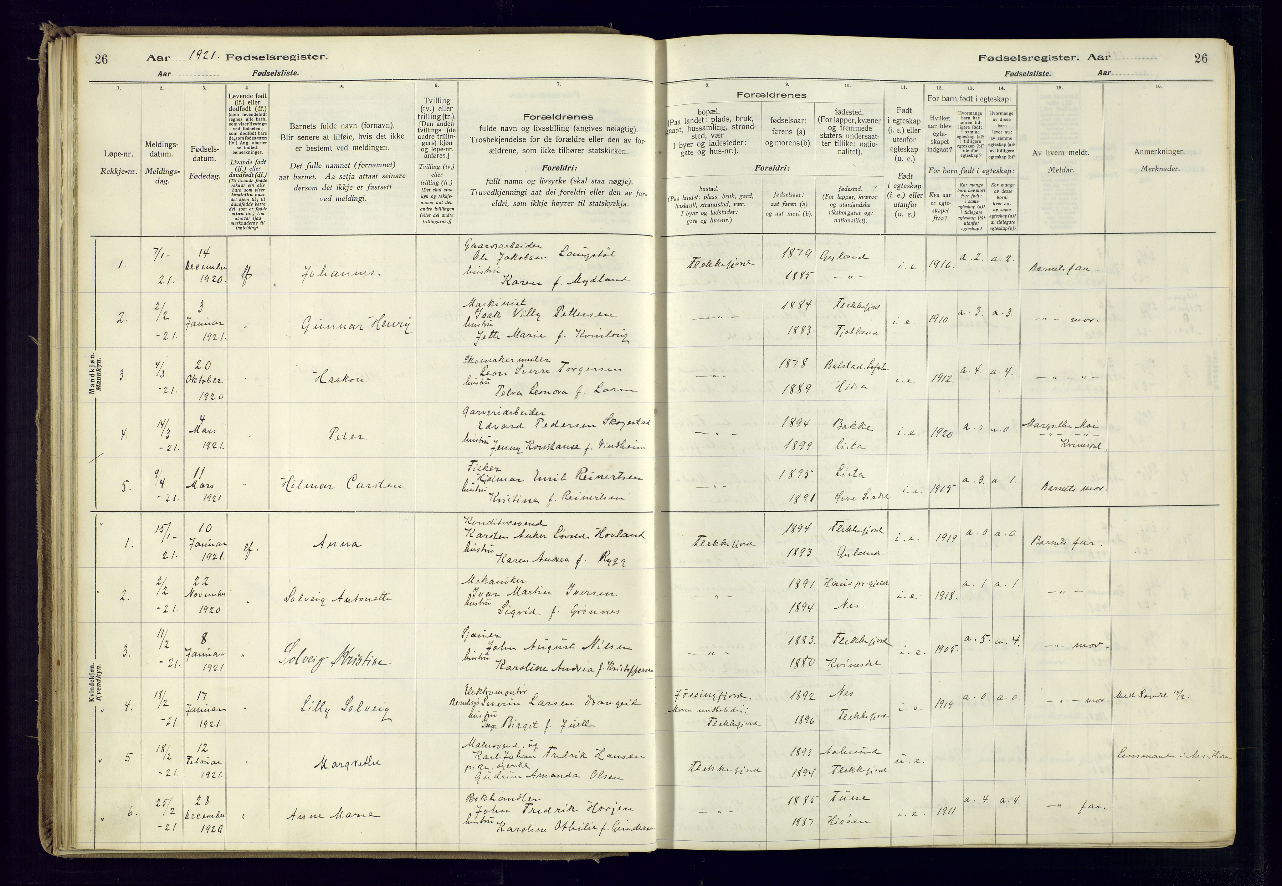 Flekkefjord sokneprestkontor, AV/SAK-1111-0012/J/Ja/L0001: Birth register no. 1, 1916-1948, p. 26