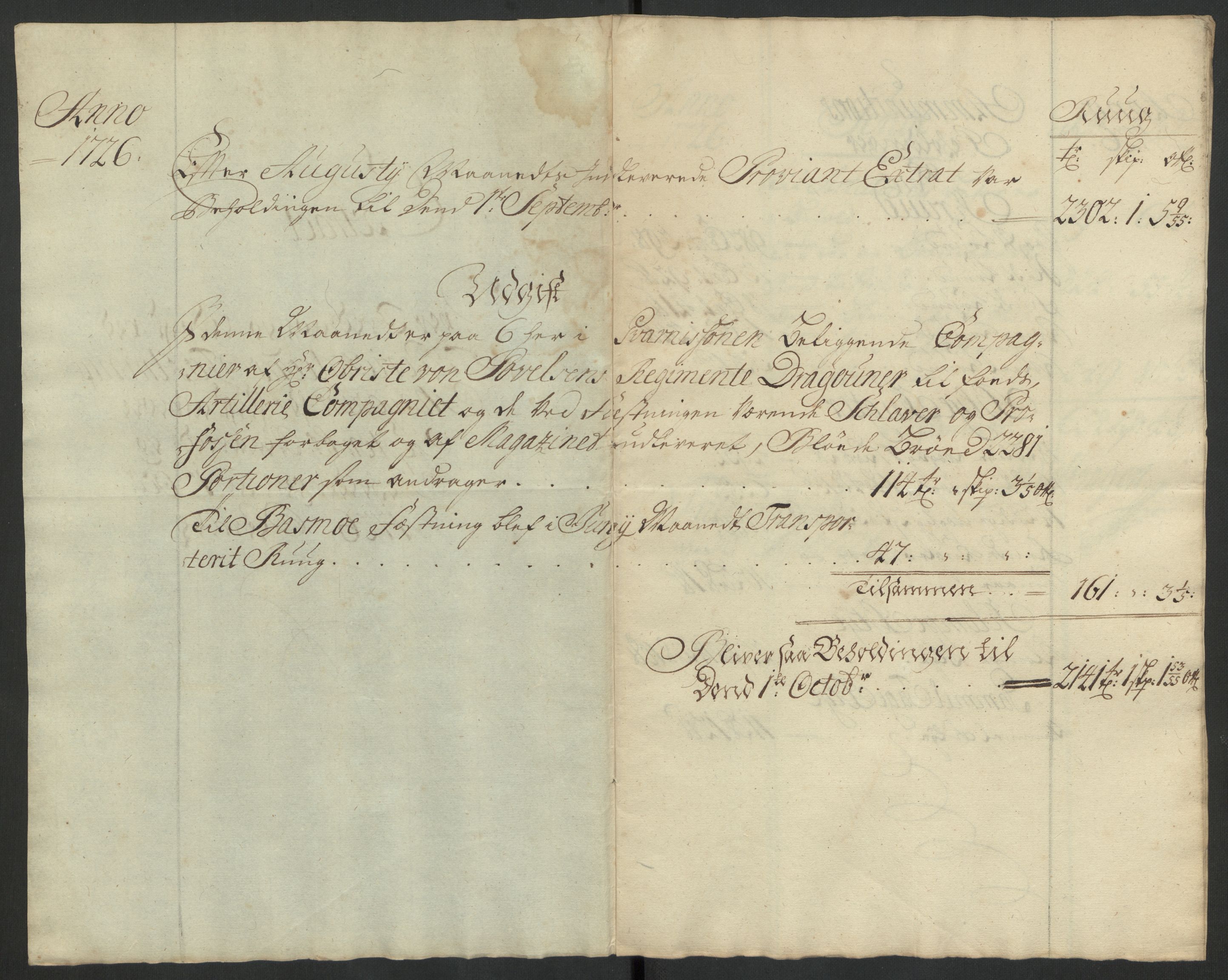 Kommanderende general (KG I) med Det norske krigsdirektorium, AV/RA-EA-5419/D/L0153: Fredriksten festning: Brev, inventarfortegnelser og regnskapsekstrakter, 1724-1729, p. 398