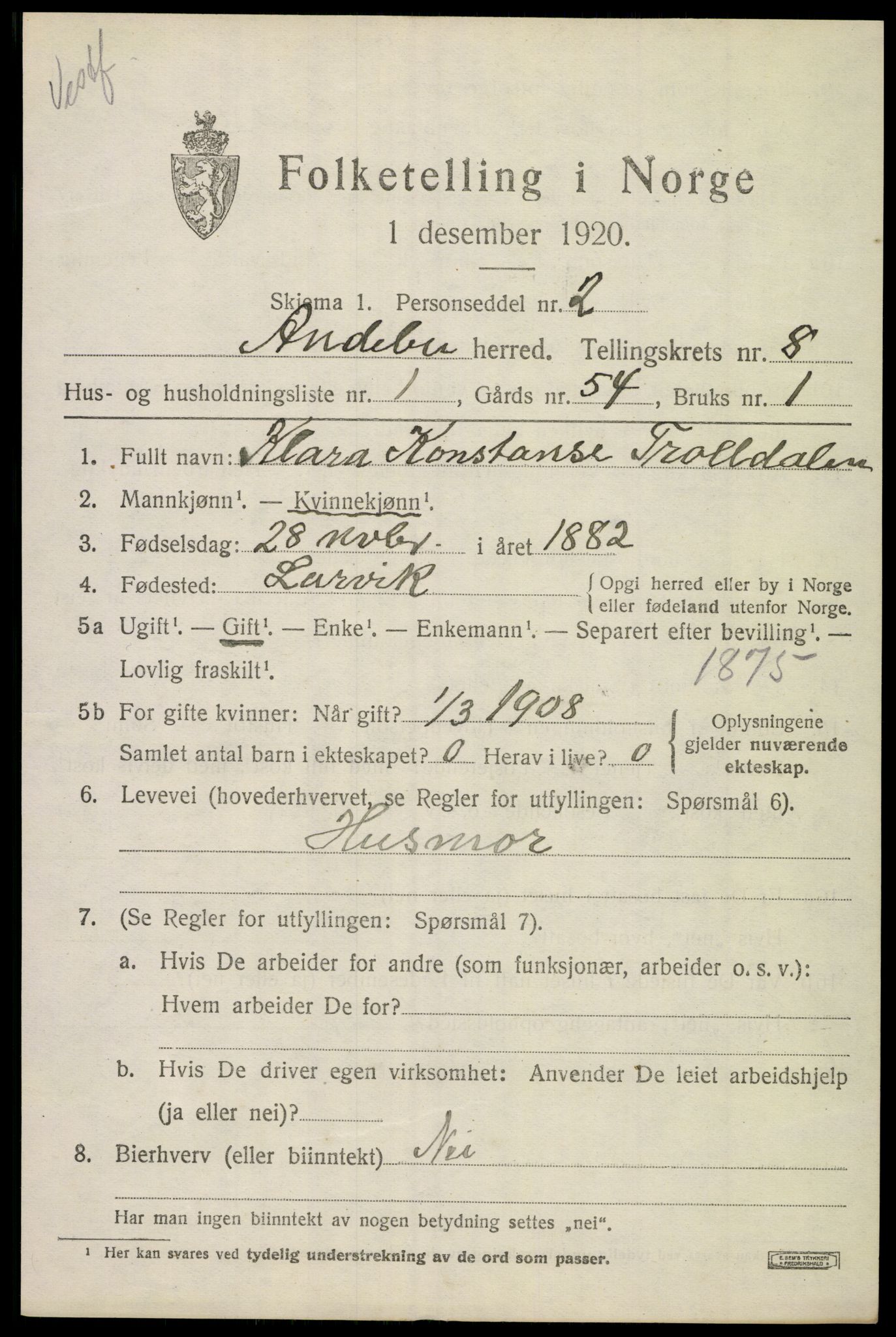 SAKO, 1920 census for Andebu, 1920, p. 3492