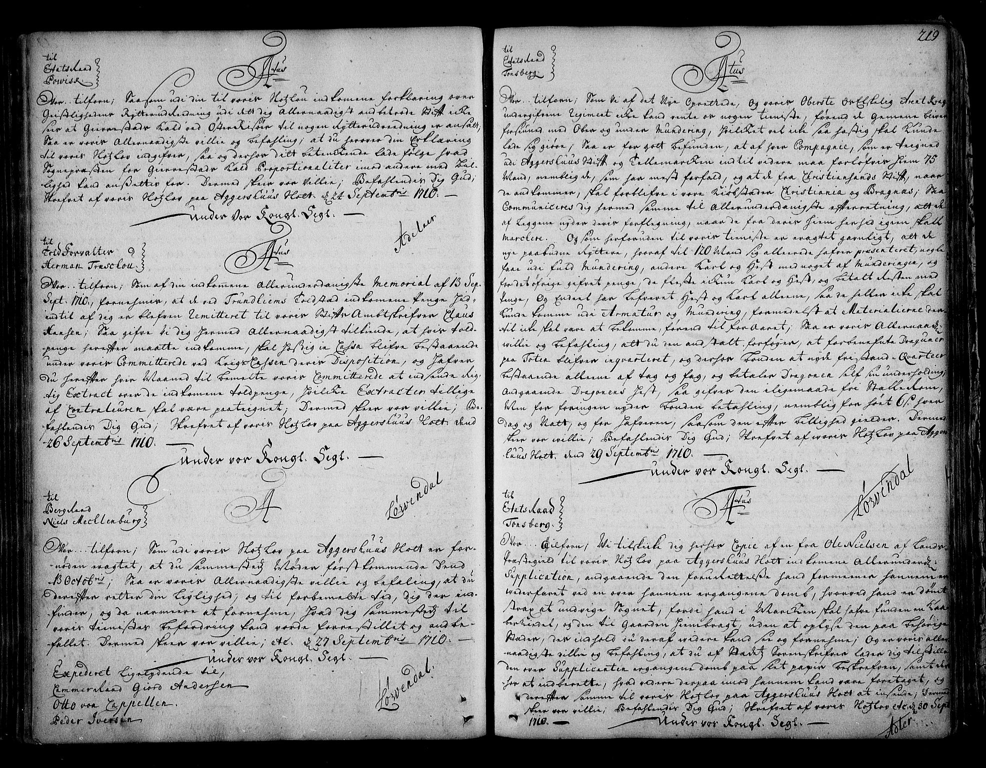 Stattholderembetet 1572-1771, AV/RA-EA-2870/Bd/L0007: Ordreprotokoll, 1704-1711, p. 218b-219a