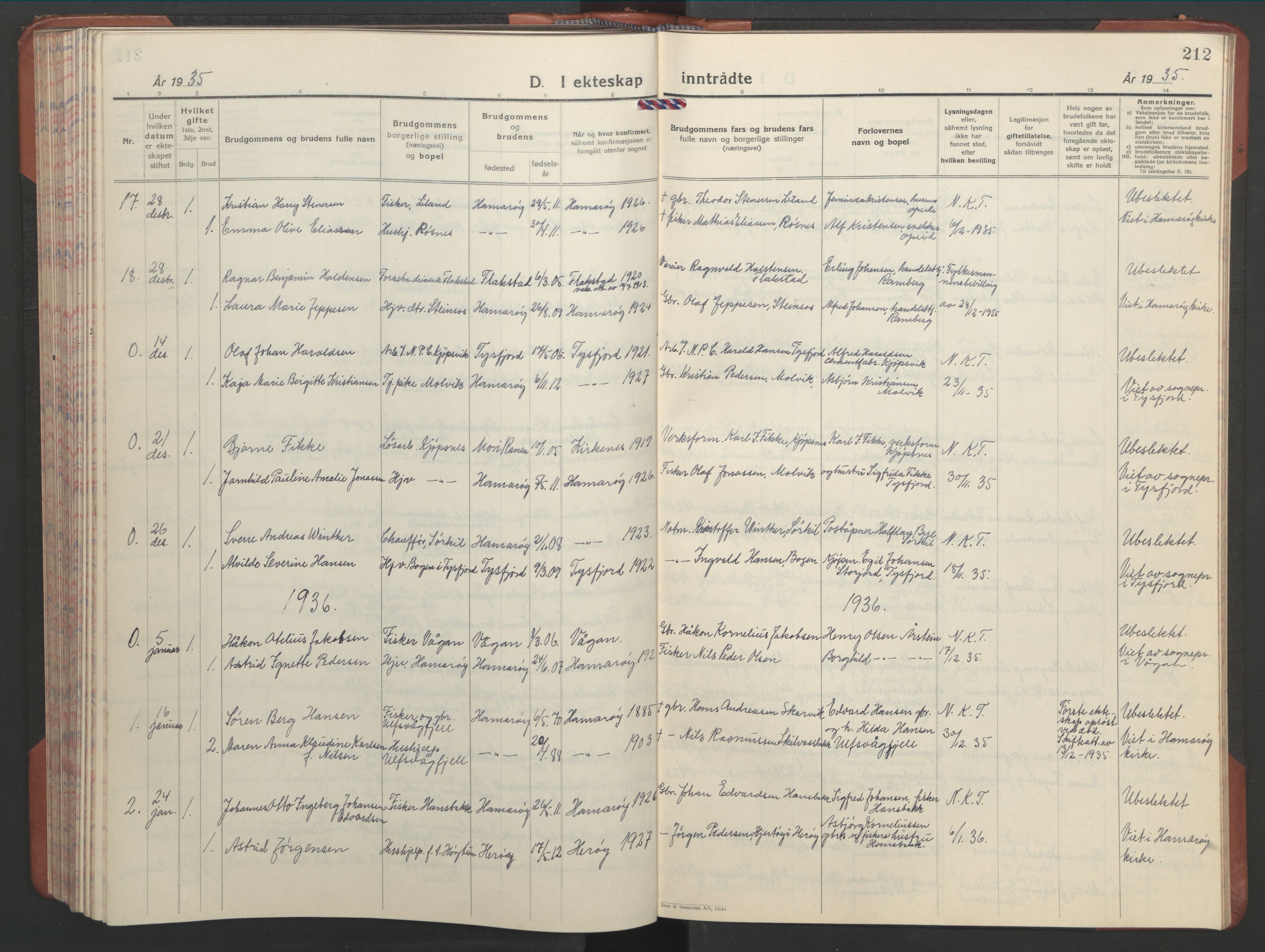 Ministerialprotokoller, klokkerbøker og fødselsregistre - Nordland, AV/SAT-A-1459/859/L0862: Parish register (copy) no. 859C08, 1925-1936, p. 212