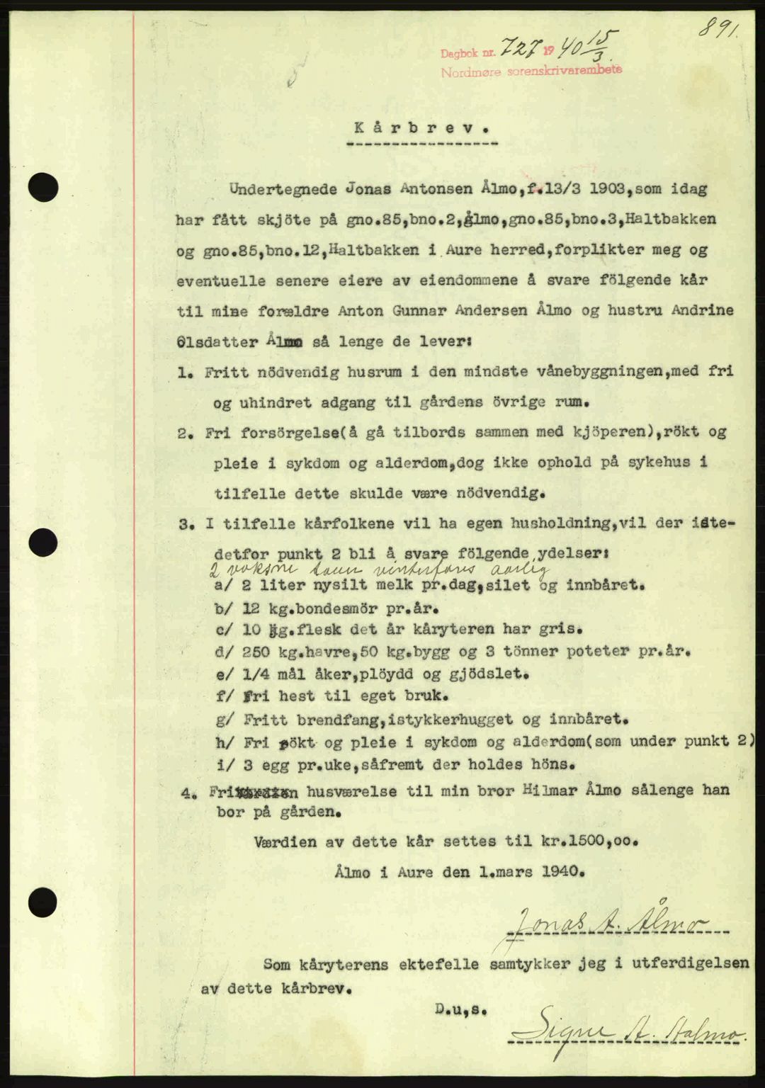 Nordmøre sorenskriveri, AV/SAT-A-4132/1/2/2Ca: Mortgage book no. B86, 1939-1940, Diary no: : 727/1940