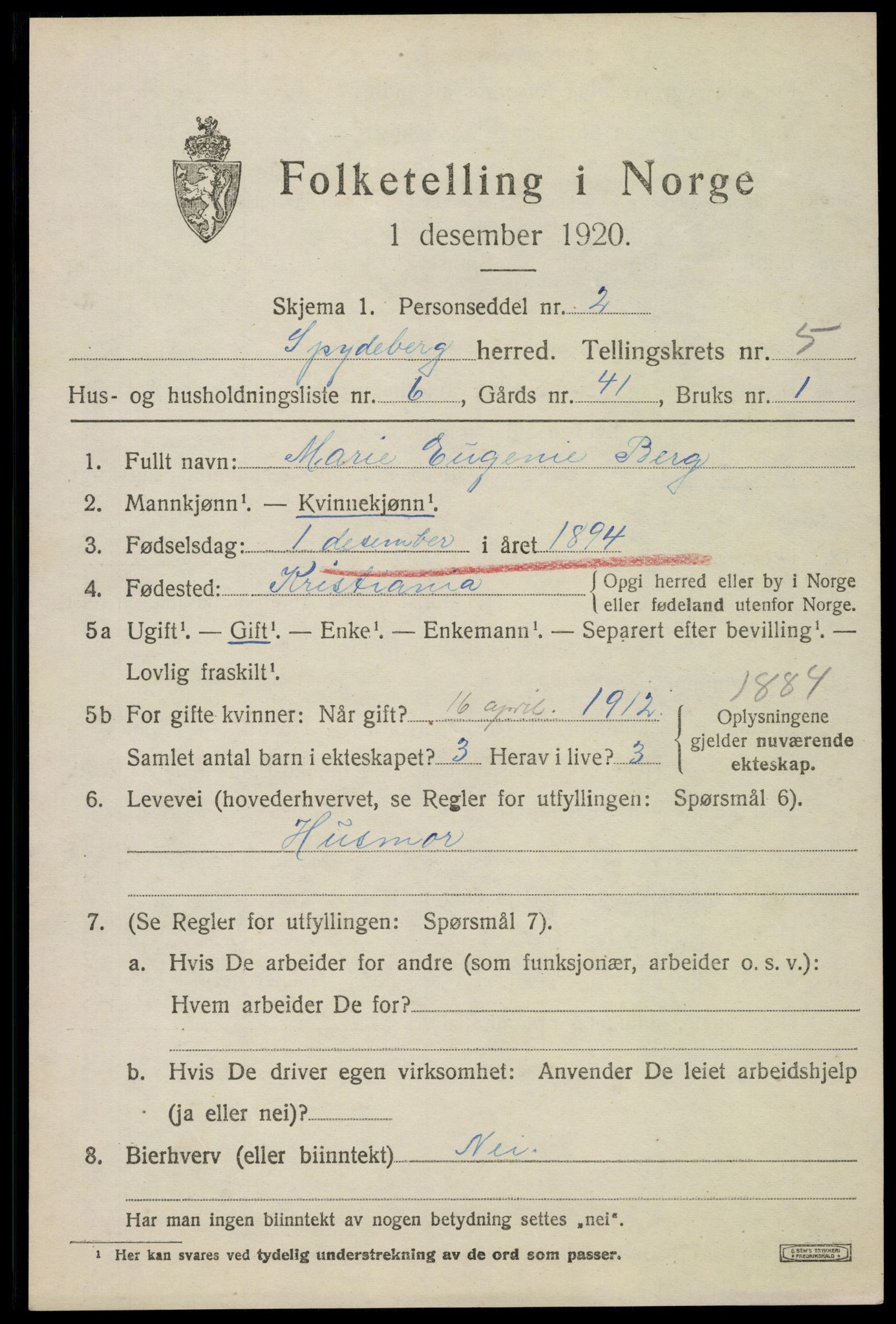 SAO, 1920 census for Spydeberg, 1920, p. 6195